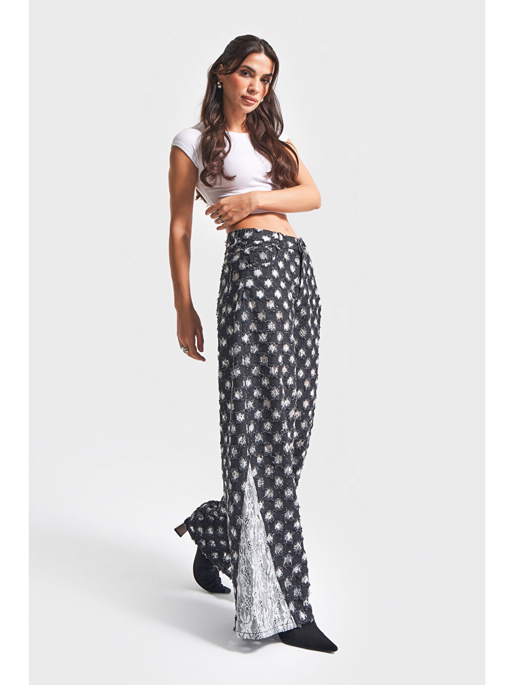 Kadın Antrasit Beyaz Renk 7w5-51 Palazzo Fit Dantel Detaylı Özel Kumaş Tasarım Denim Jean-1