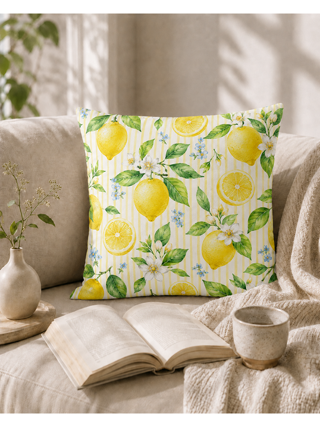 Sarı Akdeniz Limonları Desenli Dekoratif Kırlent Kılıfı 43x43 Cm-3