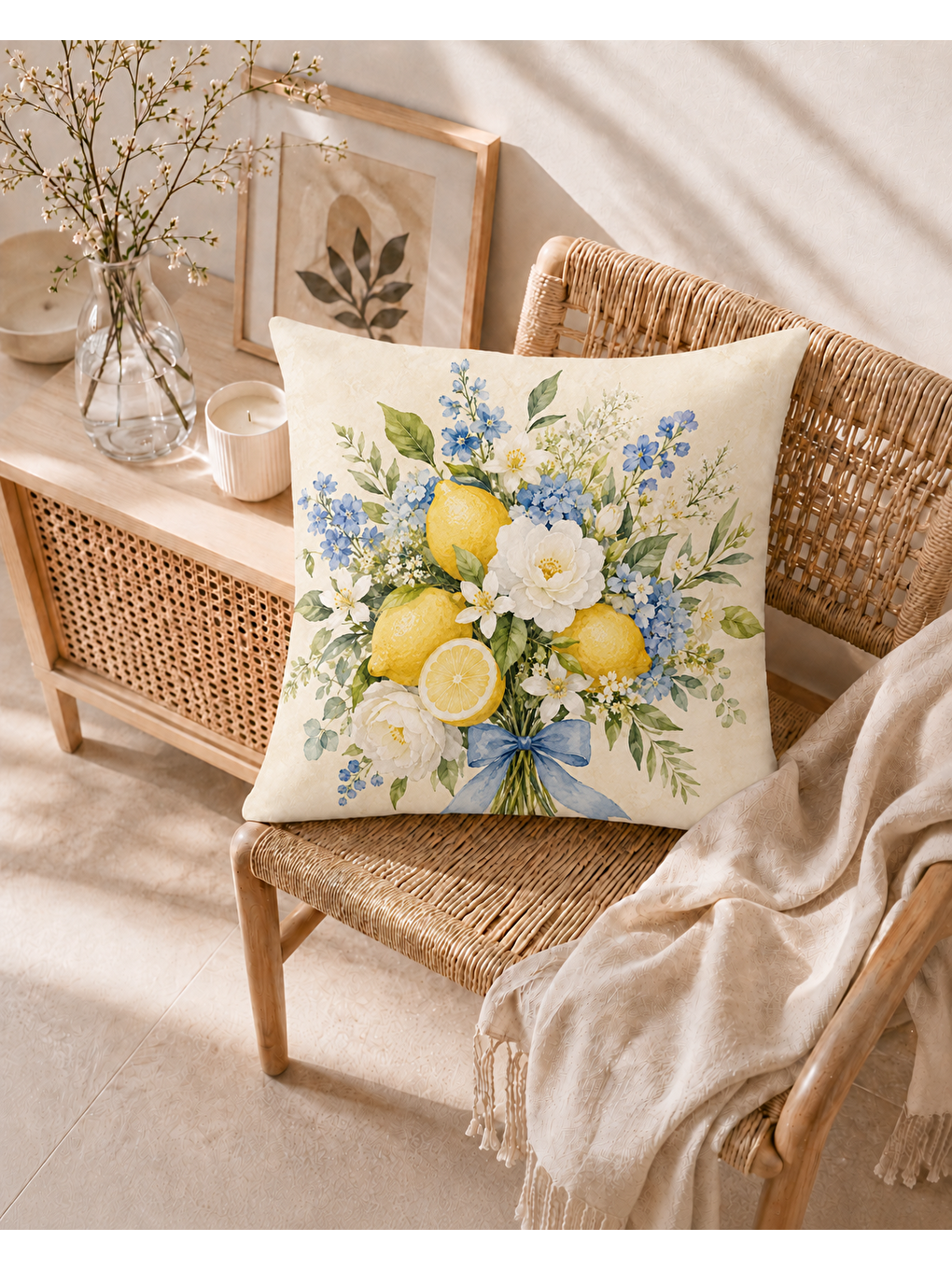 Sarı Limon Buketi Desenli Dekoratif Kırlent Kılıfı 43x43 Cm-2