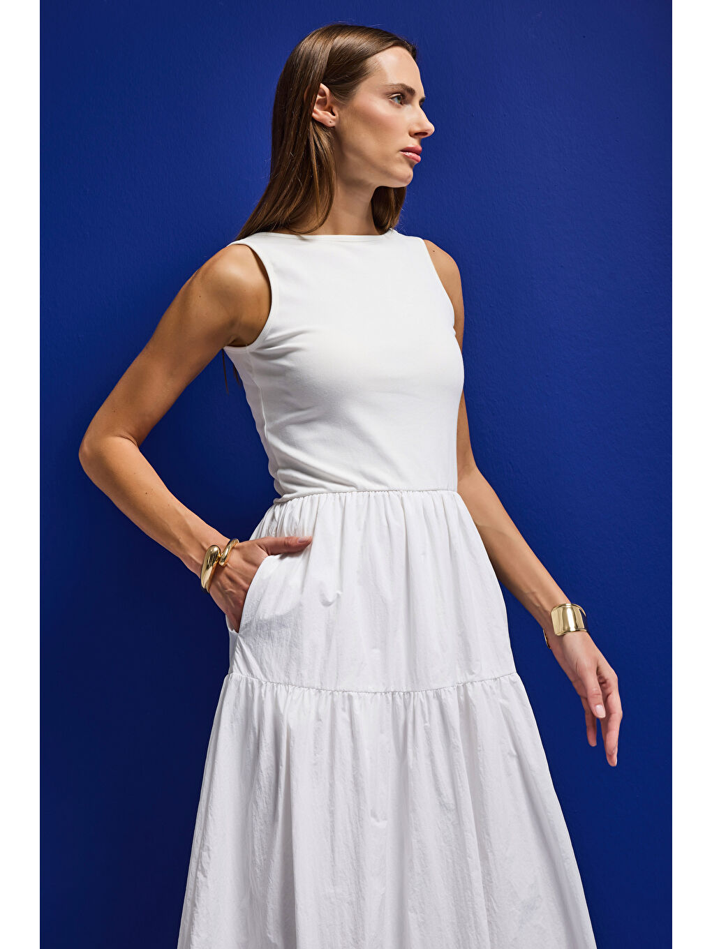 Kadın Beyaz w5 Balon Kesim %100 Organik Pamuk Tasarım Elbise-1