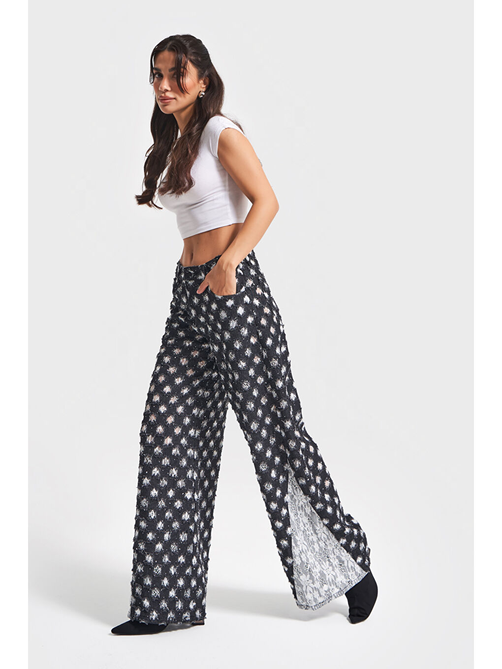 Kadın Antrasit Beyaz Renk 7w5-51 Palazzo Fit Dantel Detaylı Özel Kumaş Tasarım Denim Jean-2