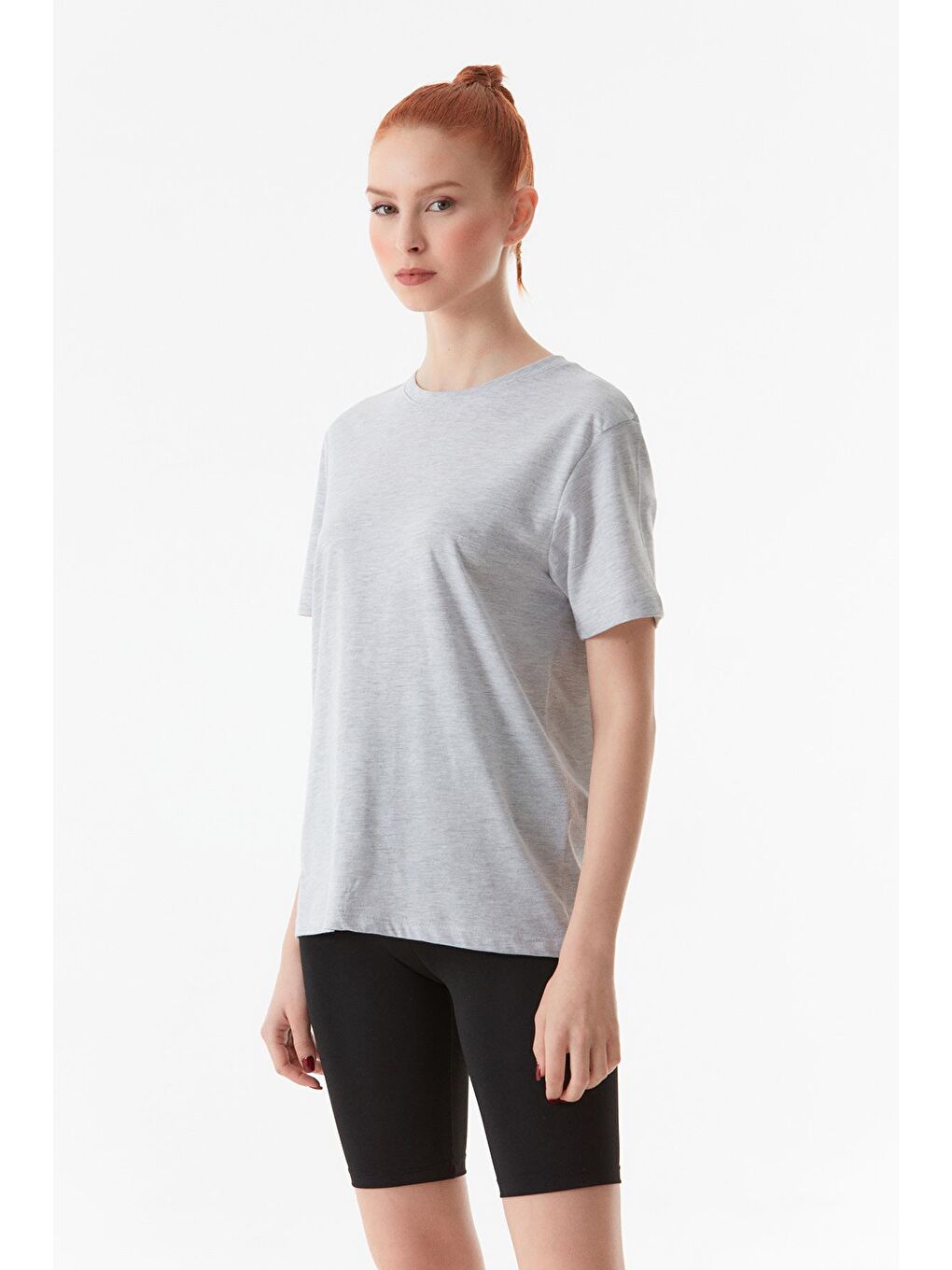 Gri Basic Bisiklet Yaka Oversize Tişört-2