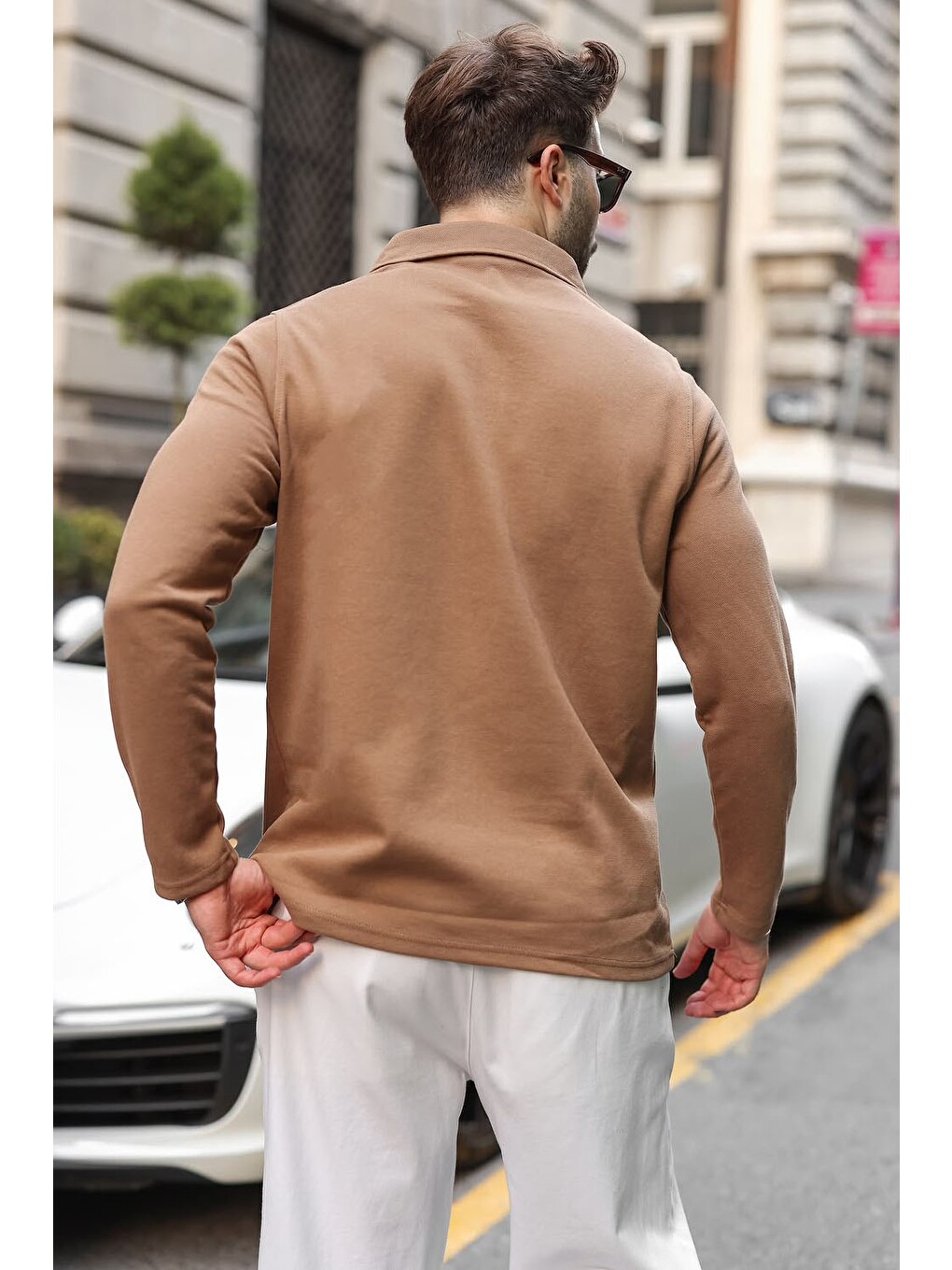 Bej Vizon Yarım Fermuarlı Polo Yaka Dokulu Erkek Sweatshırt E7197-1