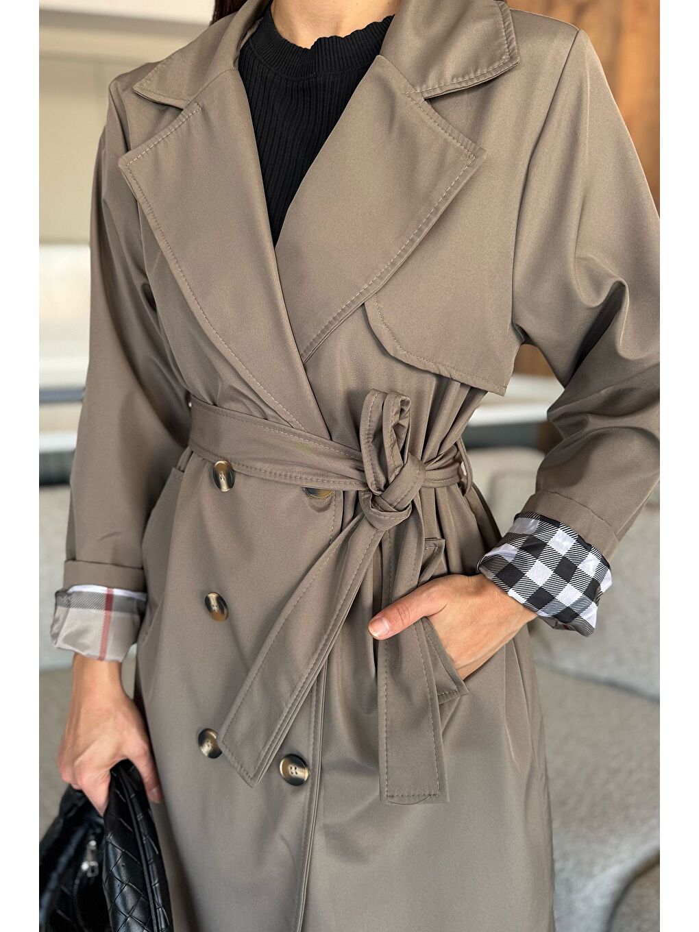 Bej Kadın Bel Kuşak Detaylı Trençkot-4