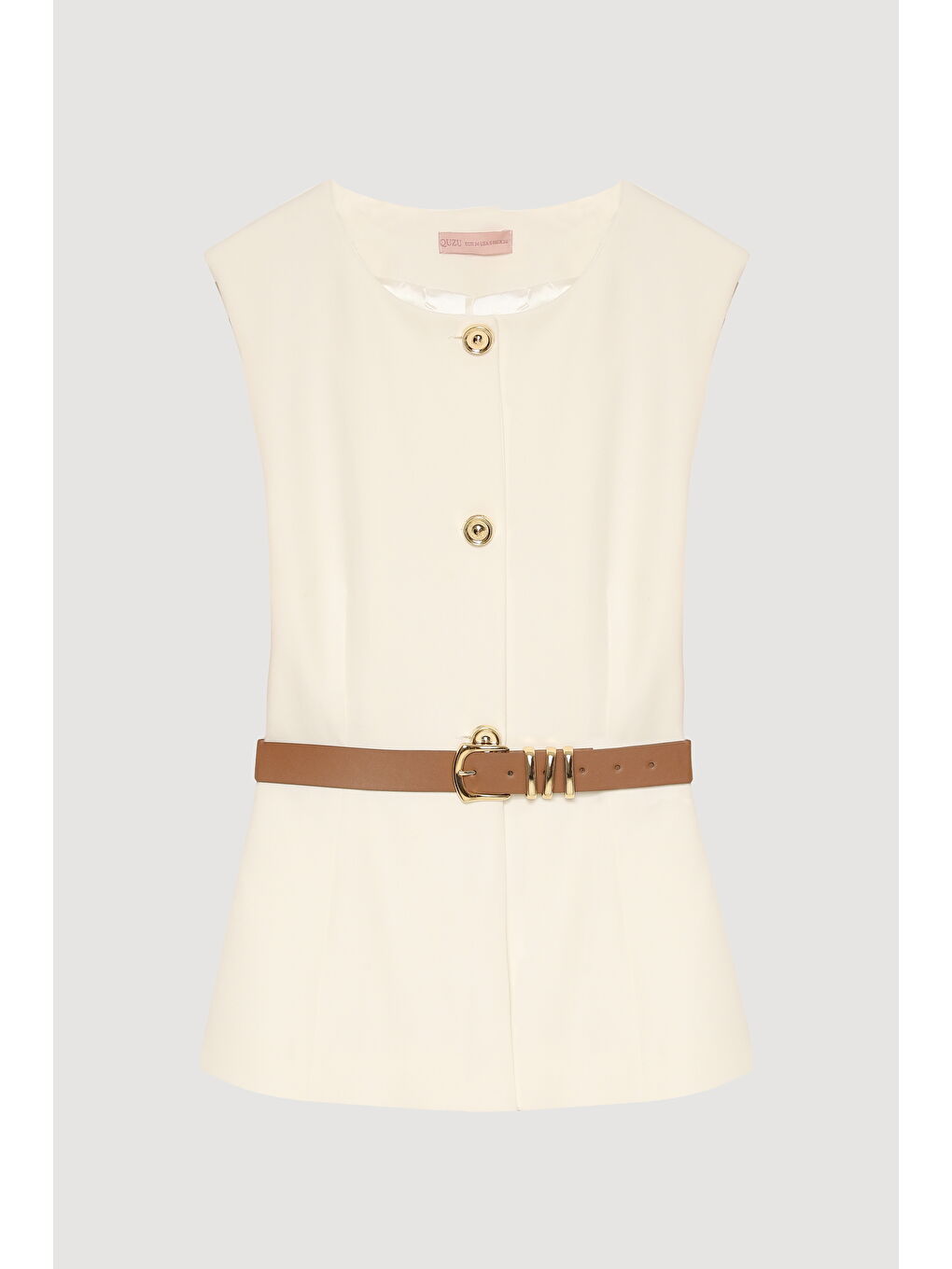 Kemer Aksesuarlı Düğmeli Kolsuz Yelek Ekru