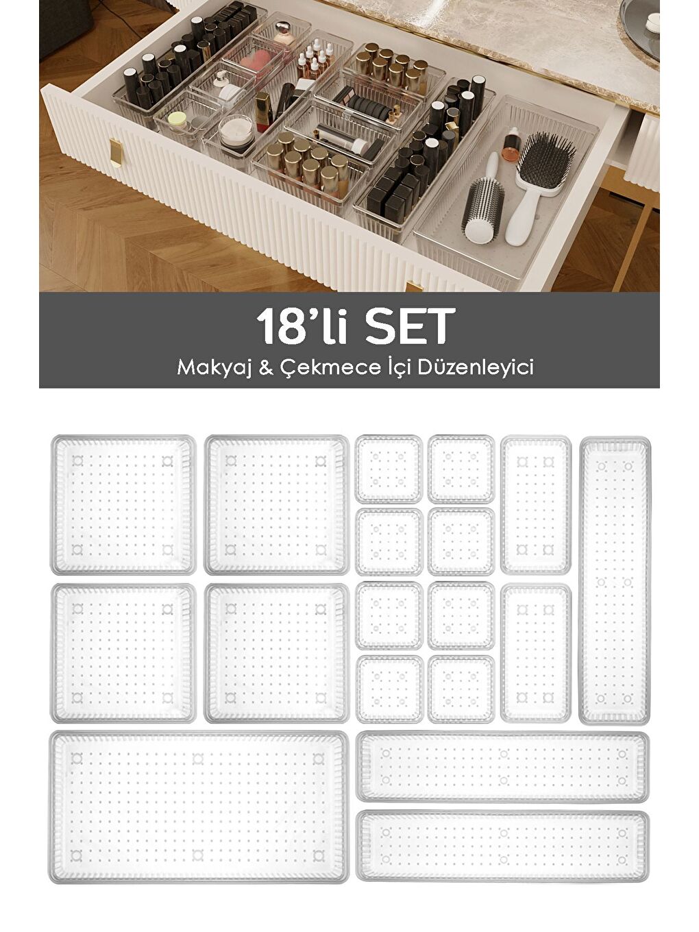 18 li Çekmece İçi Çok Amaçlı Organizer  Kozmetik Takı Makyaj Organizeri Dolap İçi Düzenleyici Şeffaf