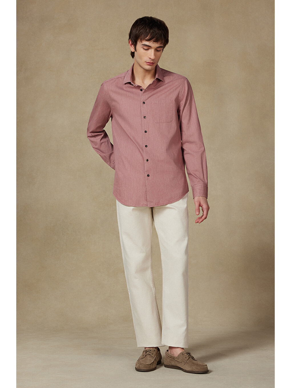 Santo Twill Pamuklu Comfort Fit Pembe Düğmeli Yaka Erkek Düz Gömlek-2