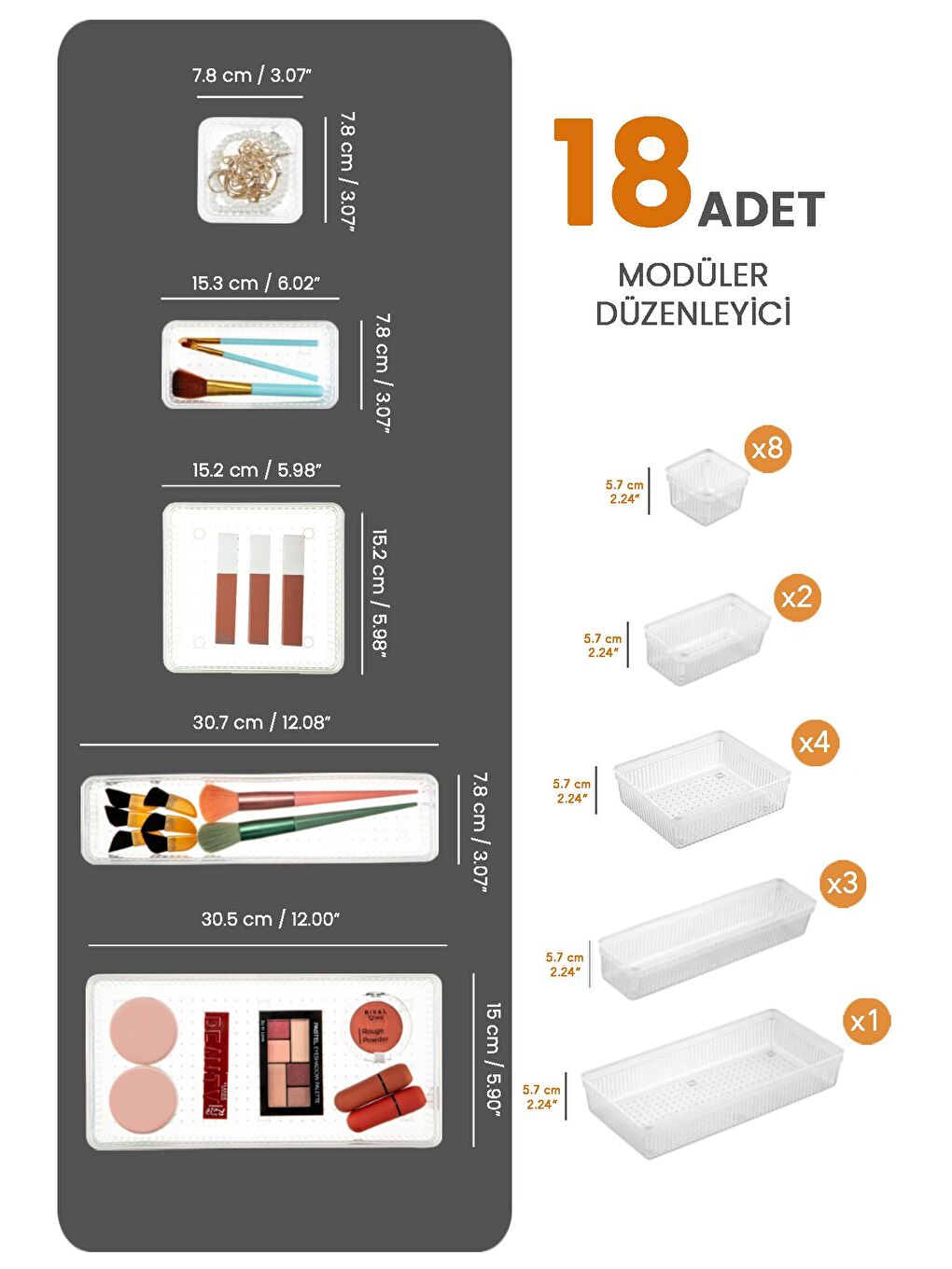 18 li Çekmece İçi Çok Amaçlı Organizer  Kozmetik Takı Makyaj Organizeri Dolap İçi Düzenleyici Şeffaf-1