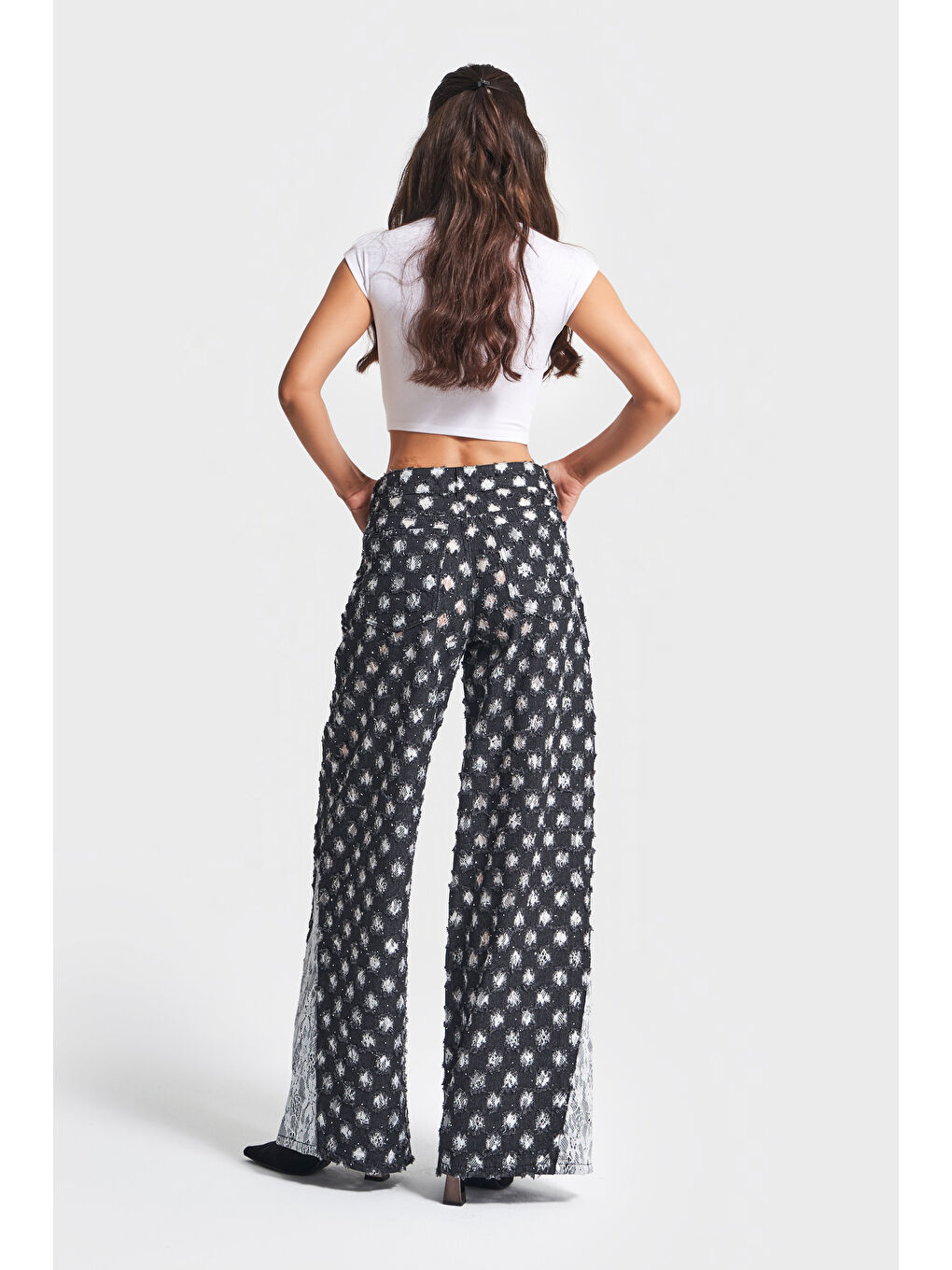 Kadın Antrasit Beyaz Renk 7w5-51 Palazzo Fit Dantel Detaylı Özel Kumaş Tasarım Denim Jean-3