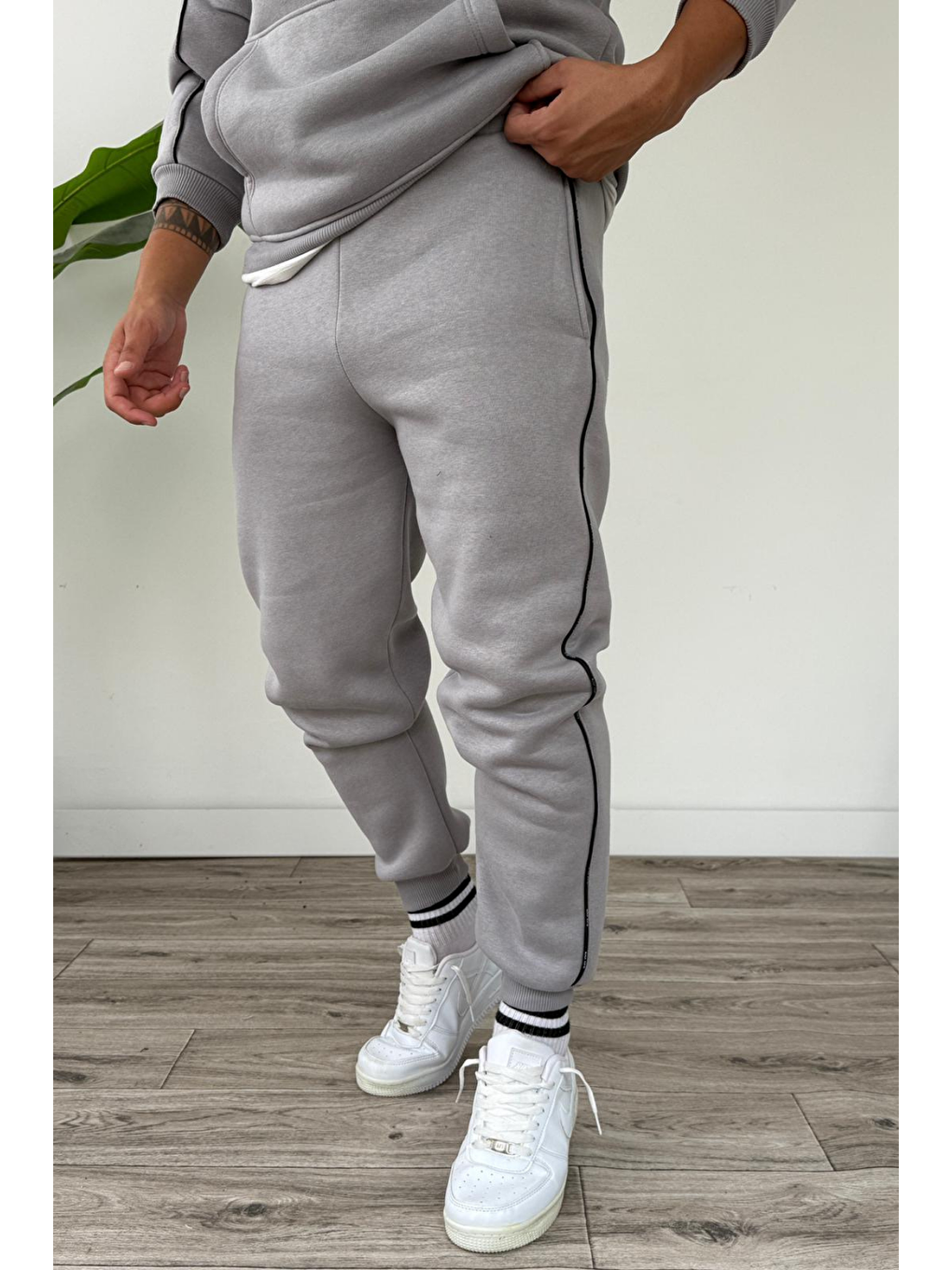 Erkek Kapüşonlu Kanguru Cepli Biyeli %100 Pamuk Alt Üst Takım Gri-3