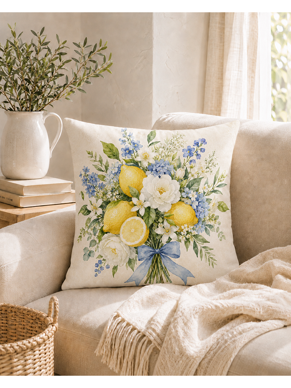 Sarı Limon Buketi Desenli Dekoratif Kırlent Kılıfı 43x43 Cm-3