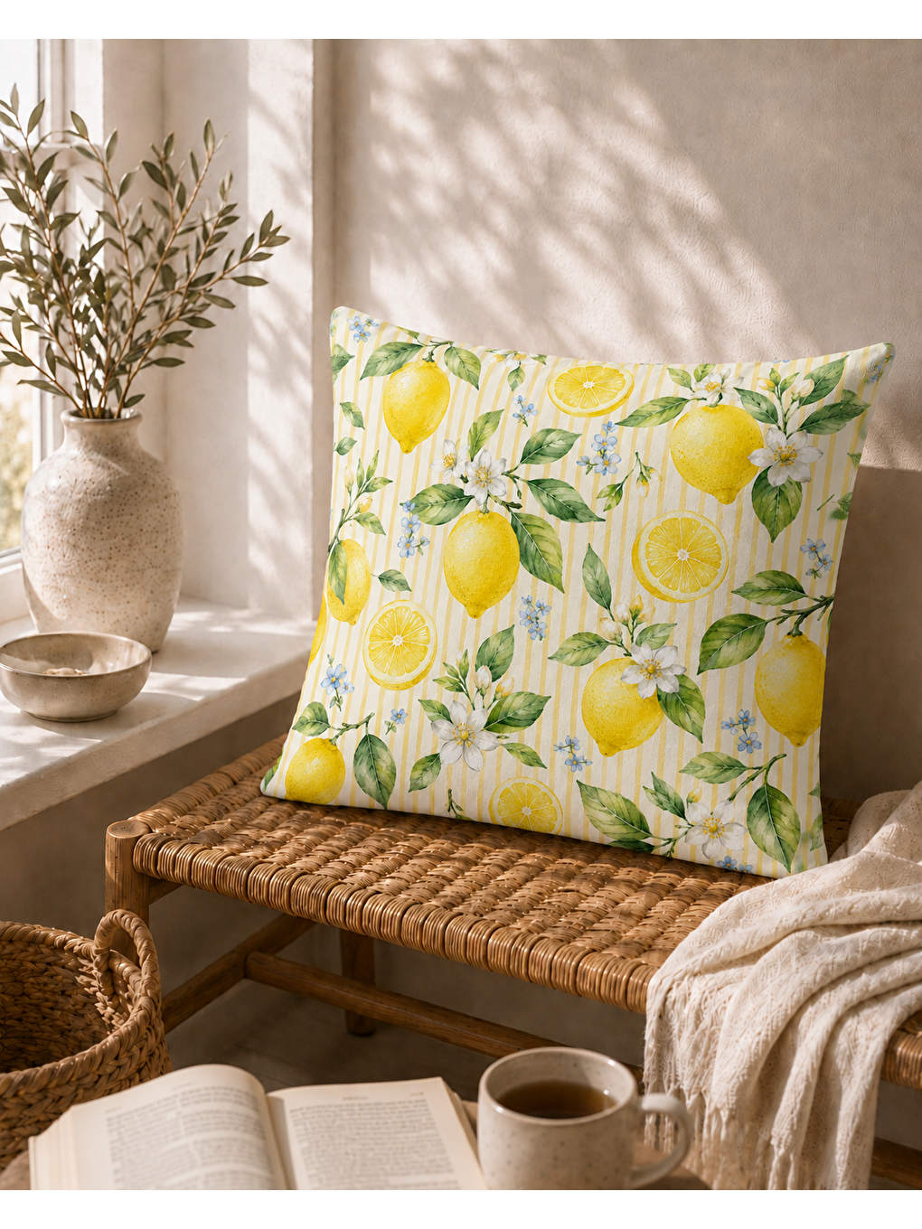 Sarı Akdeniz Limonları Desenli Dekoratif Kırlent Kılıfı 43x43 Cm-4
