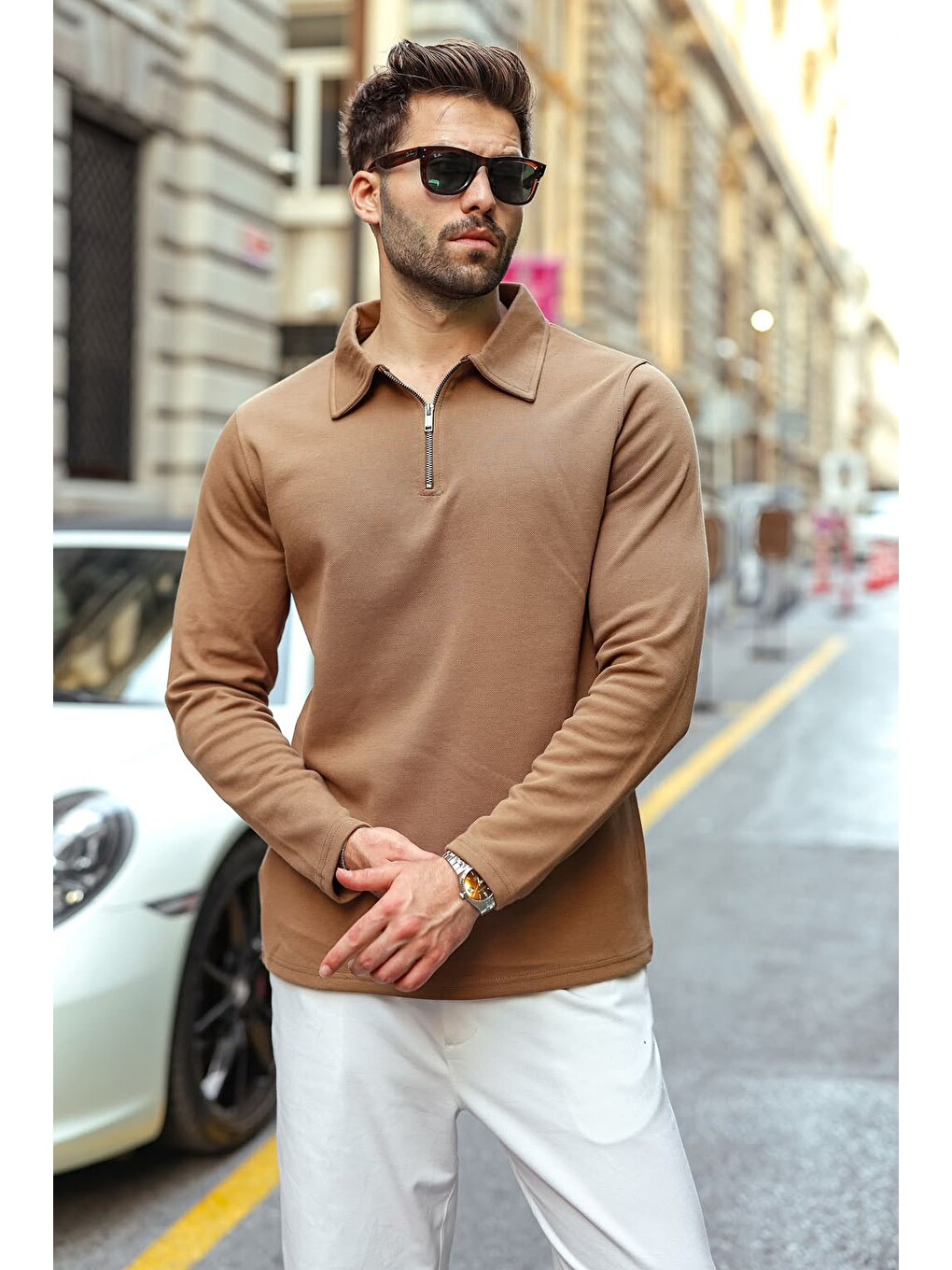 Bej Vizon Yarım Fermuarlı Polo Yaka Dokulu Erkek Sweatshırt E7197-3