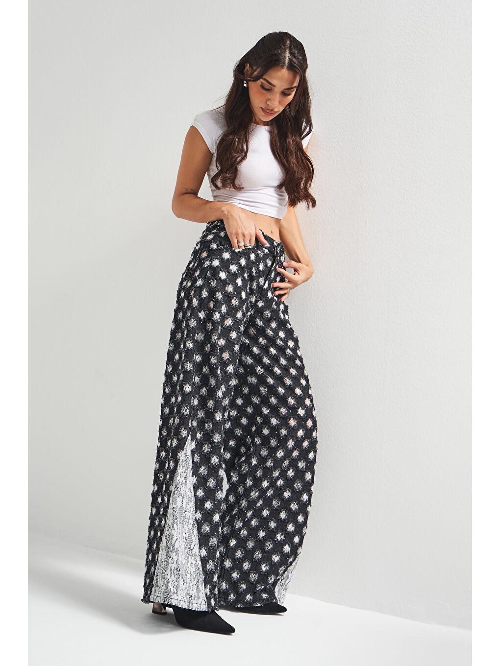 Kadın Antrasit Beyaz Renk 7w5-51 Palazzo Fit Dantel Detaylı Özel Kumaş Tasarım Denim Jean-4