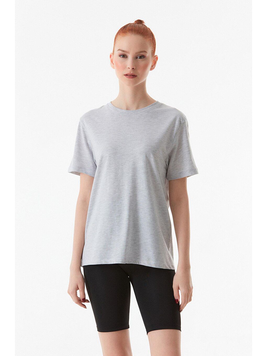 Gri Basic Bisiklet Yaka Oversize Tişört-3