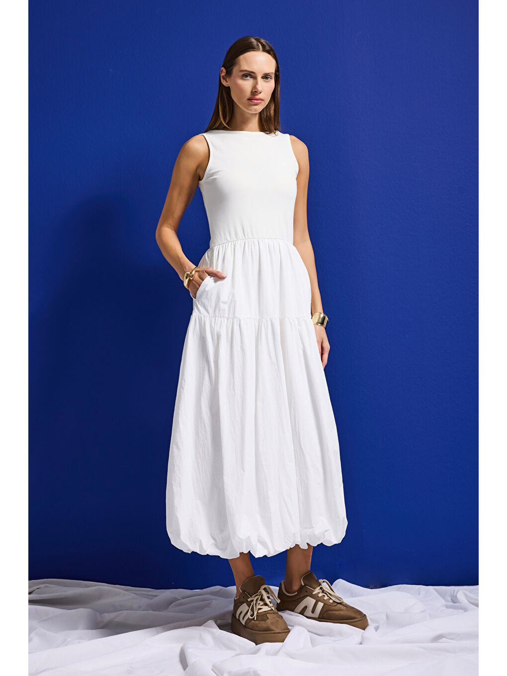 Kadın Beyaz w5 Balon Kesim %100 Organik Pamuk Tasarım Elbise-2