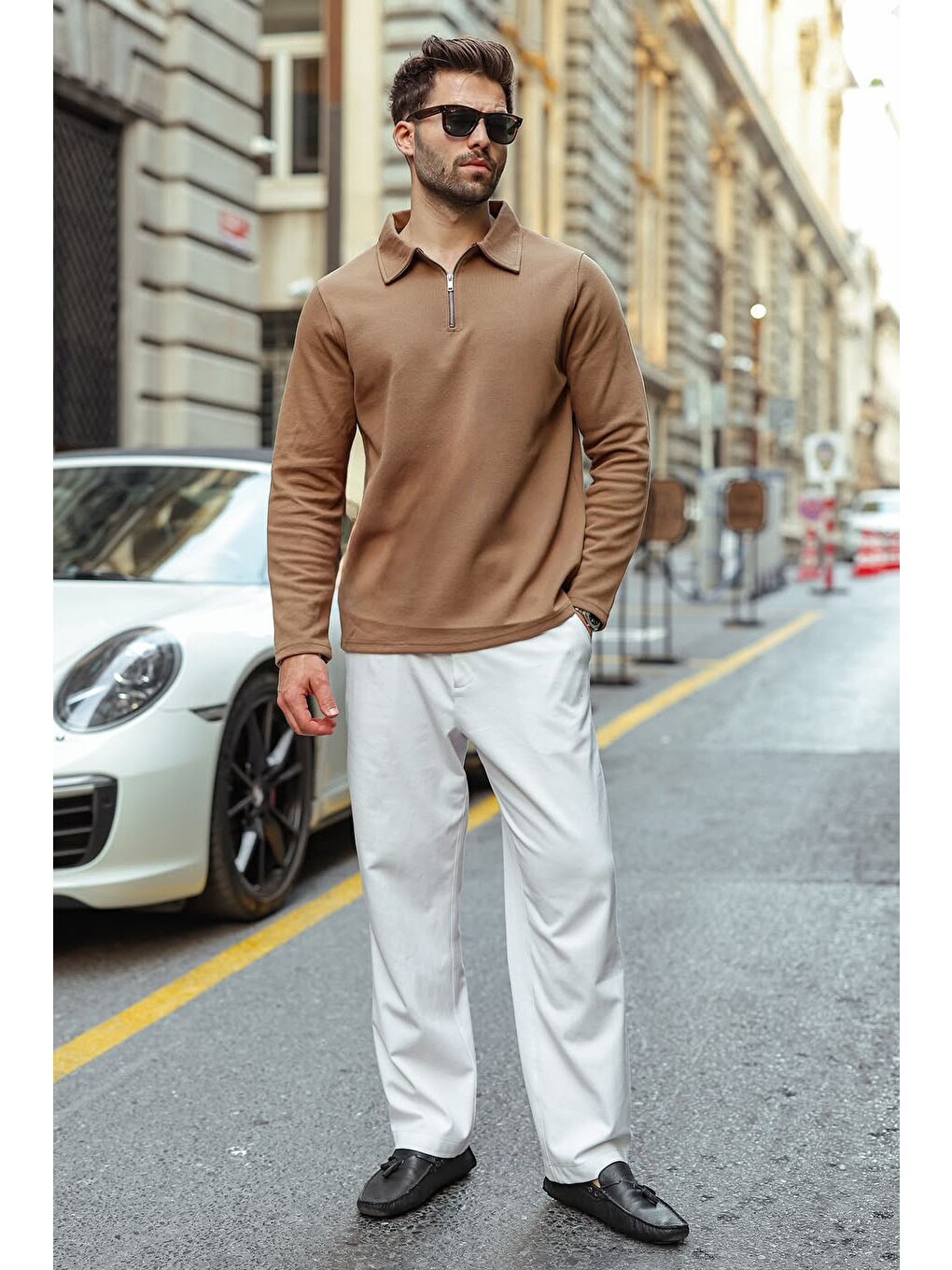 Bej Vizon Yarım Fermuarlı Polo Yaka Dokulu Erkek Sweatshırt E7197-4