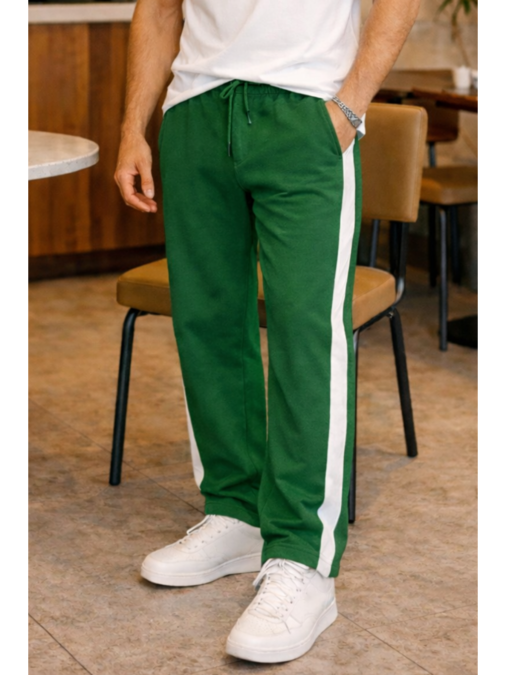 Erkek Yeşil Şeritli Eşofman Altı Bağcıklı Baggy Rahat Kesim Günlük Spor Pantolon-1