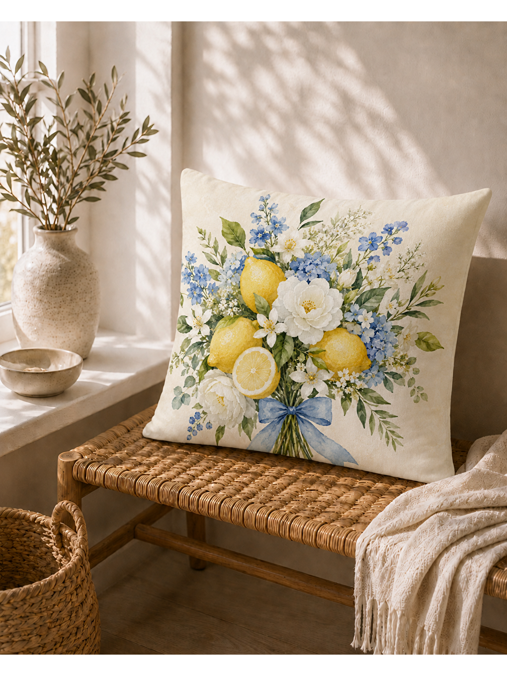 Sarı Limon Buketi Desenli Dekoratif Kırlent Kılıfı 43x43 Cm-4