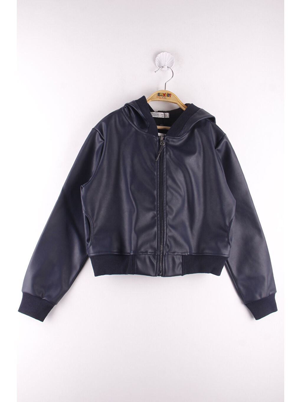 Lacivert Kız Çocuk Kapüşonlu Cepli Deri Mont