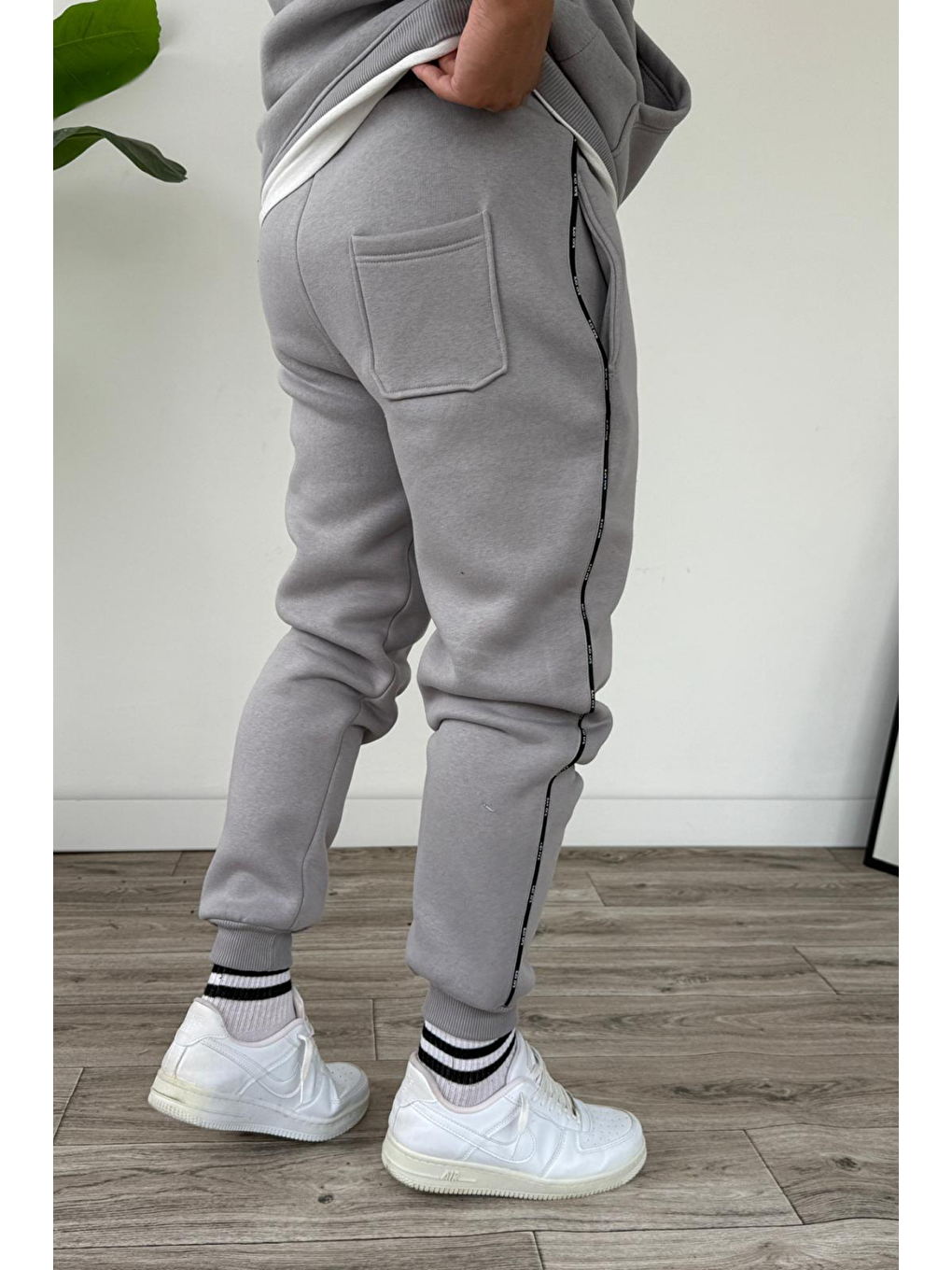 Erkek Kapüşonlu Kanguru Cepli Biyeli %100 Pamuk Alt Üst Takım Gri-4