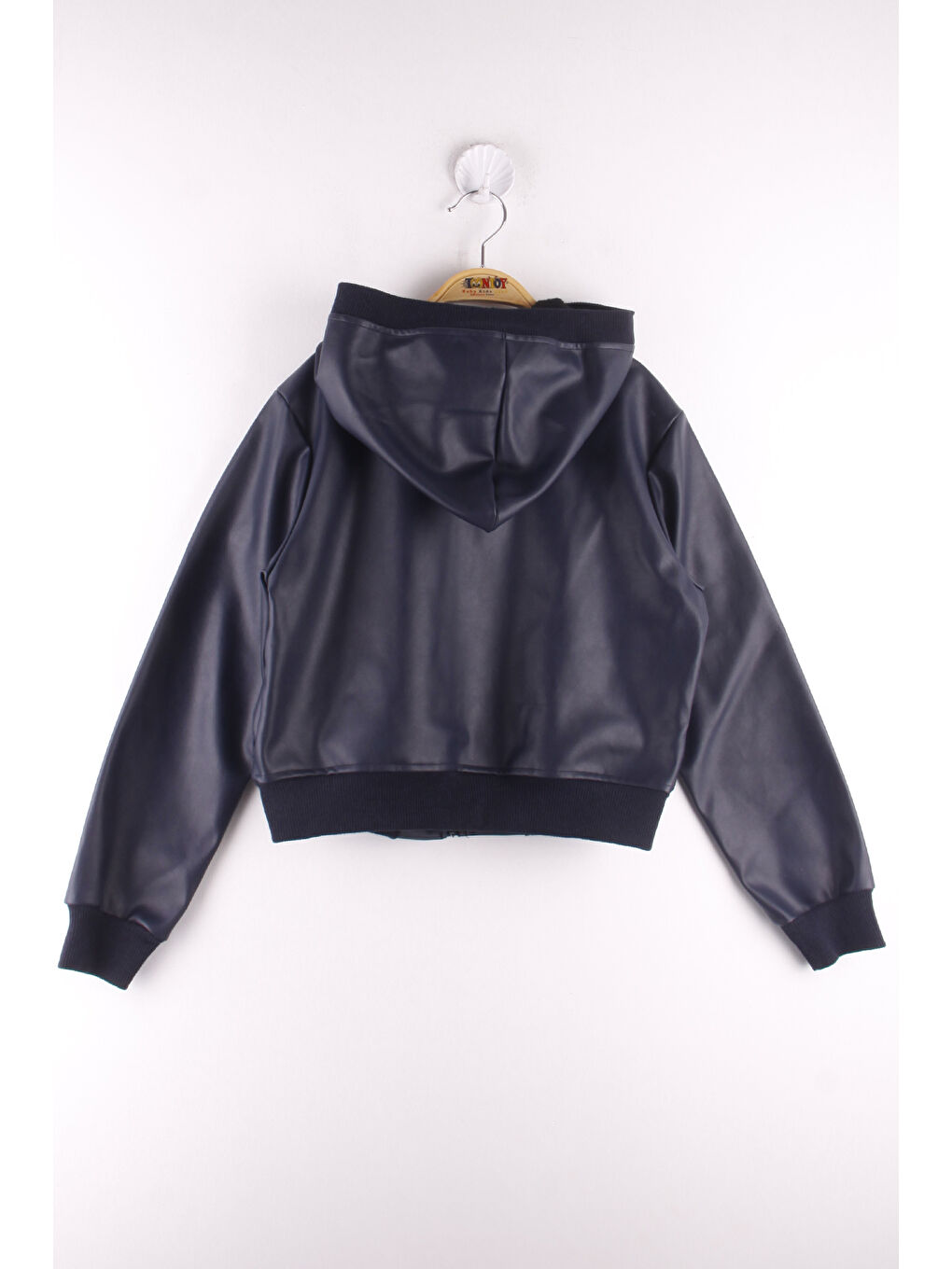 Lacivert Kız Çocuk Kapüşonlu Cepli Deri Mont-1