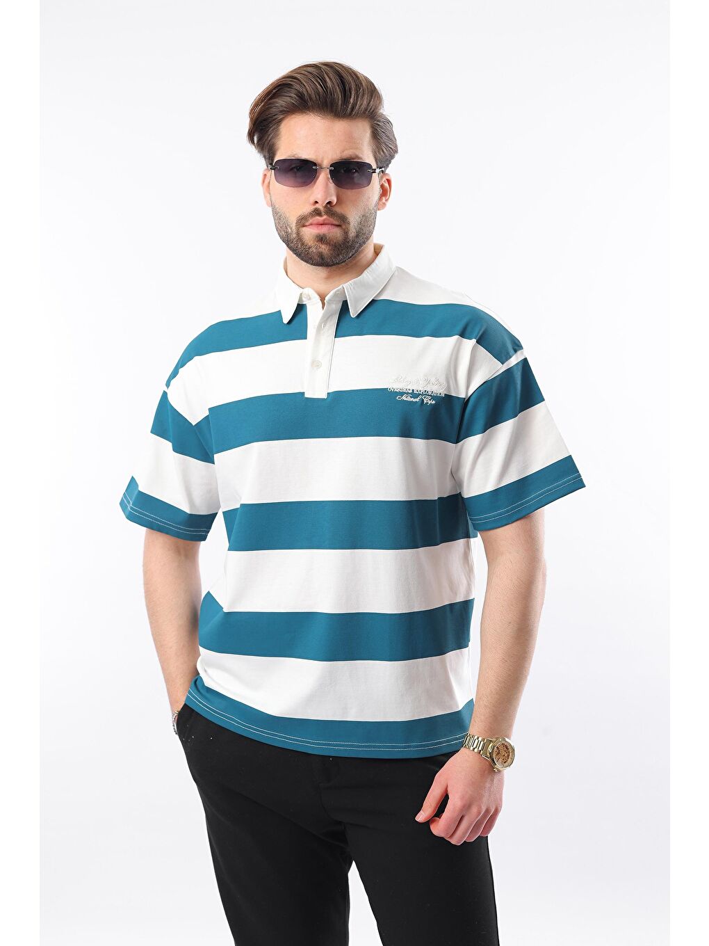 Petrol Mavisi Oversize Renk Bloklu Polo Yaka %100 Pamuk Tişört E7120-1