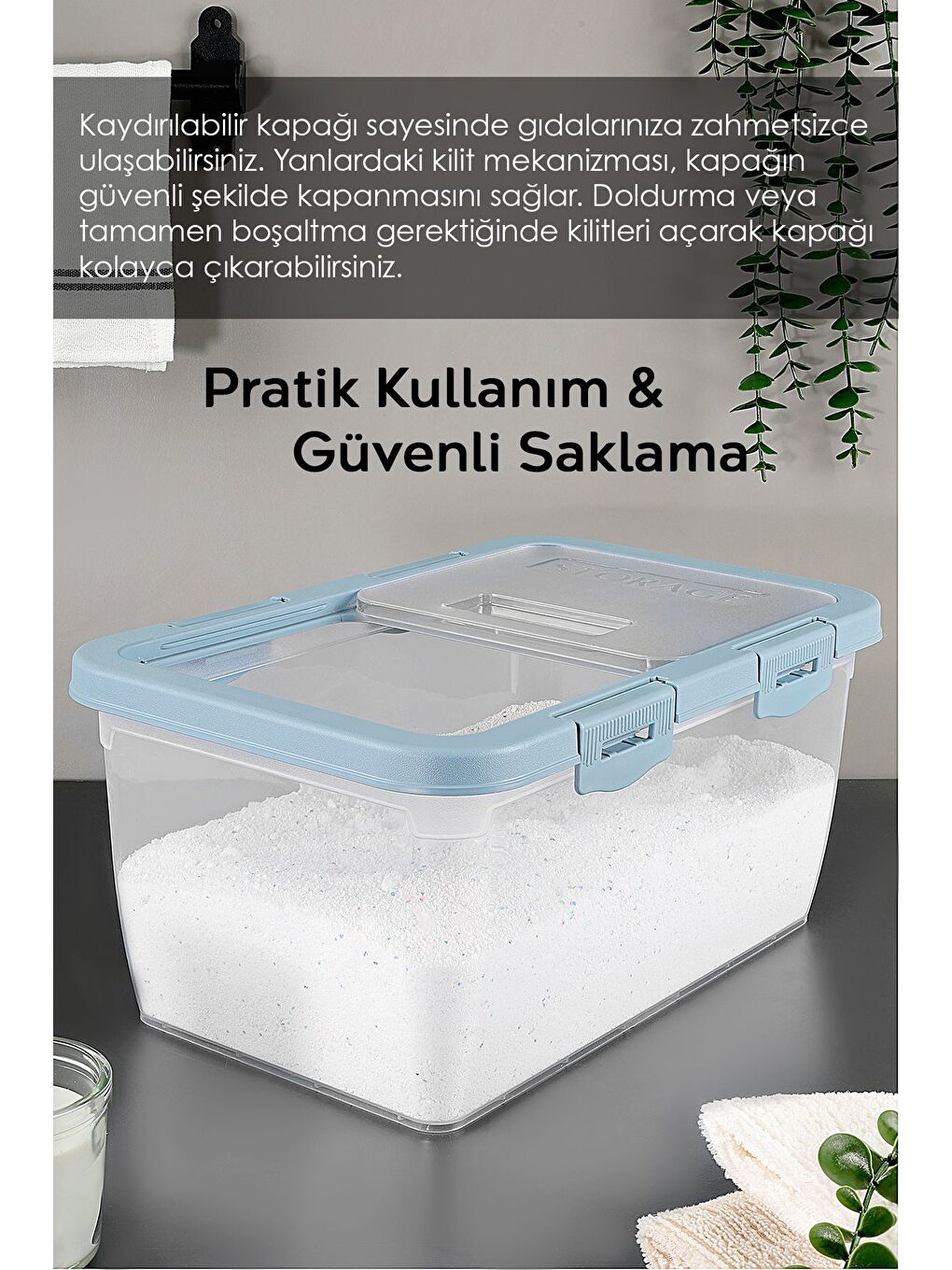 1 Adet Etiketli Deterjan Saklama Kutusu   Kilitli Kayar Kapak Tablet Toz Deterjan Kabı 10 Lt Mavi-4