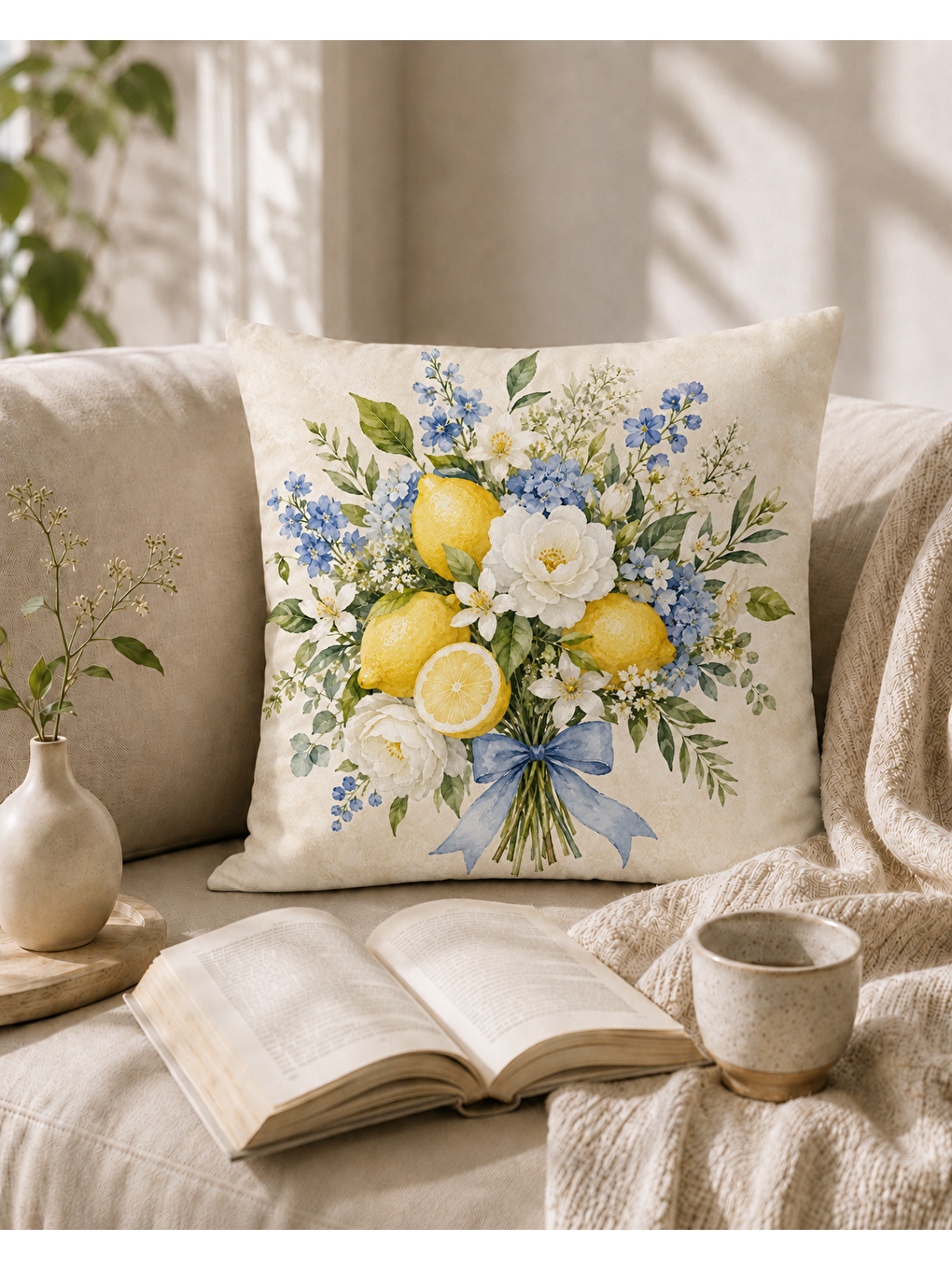 Sarı Limon Buketi Desenli Dekoratif Kırlent Kılıfı 43x43 Cm-5