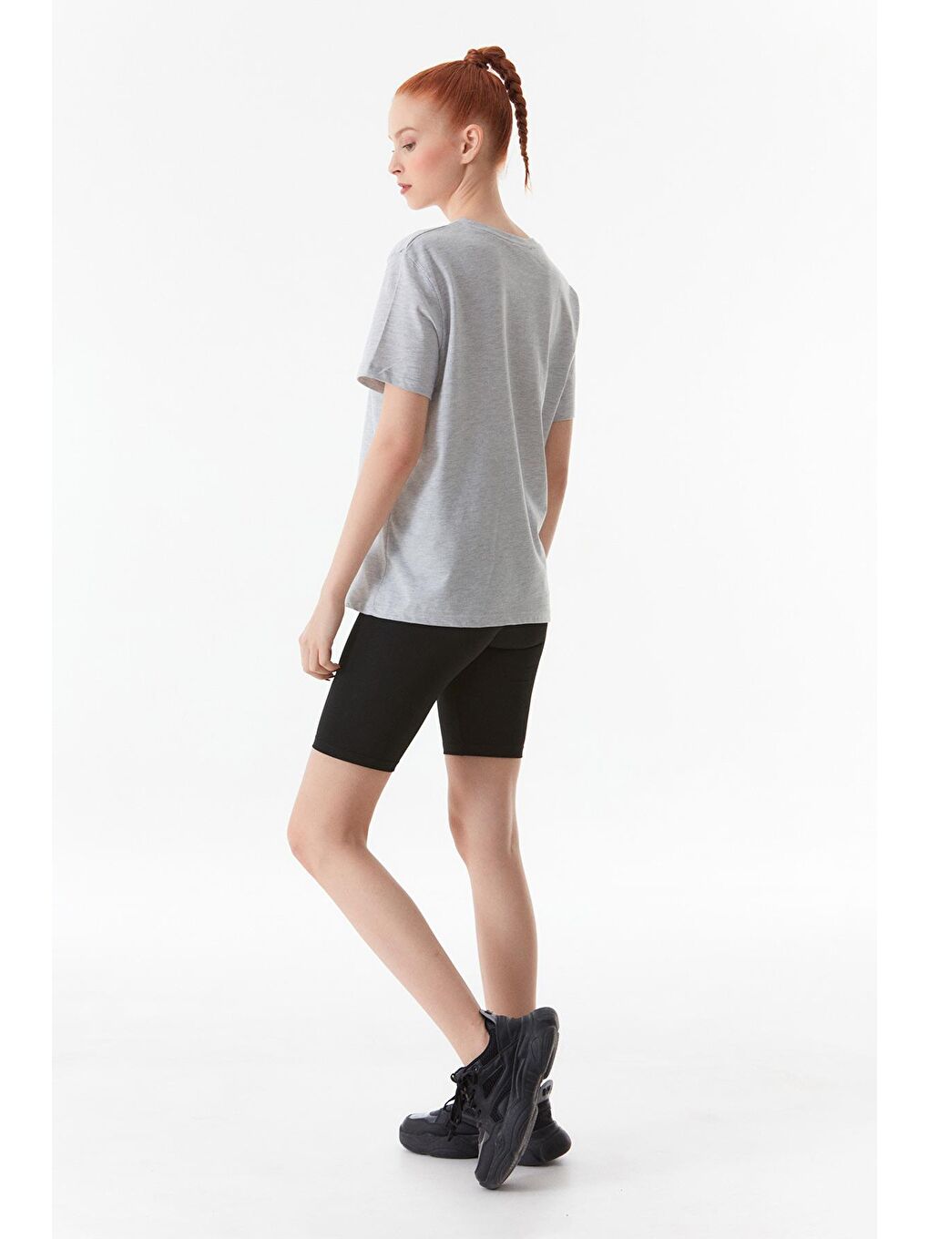 Gri Basic Bisiklet Yaka Oversize Tişört-4