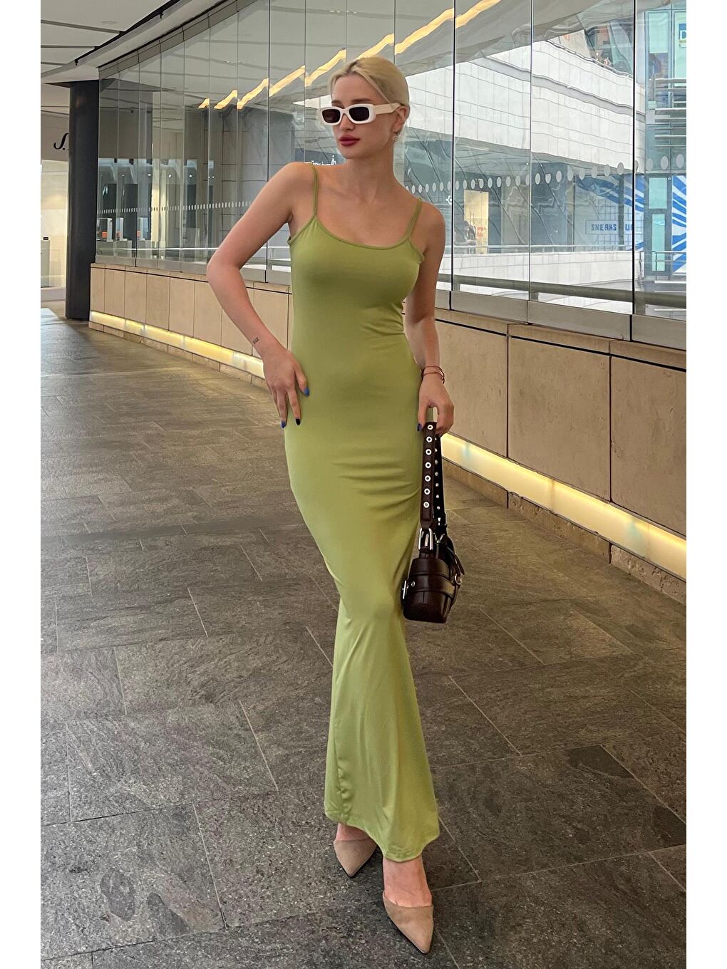 Yeşil Uzun Askılı Basic Elbise Mg1852-1