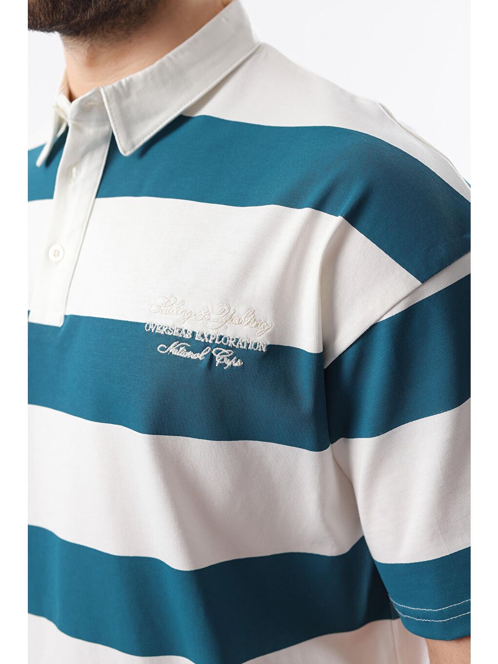 Petrol Mavisi Oversize Renk Bloklu Polo Yaka %100 Pamuk Tişört E7120-2