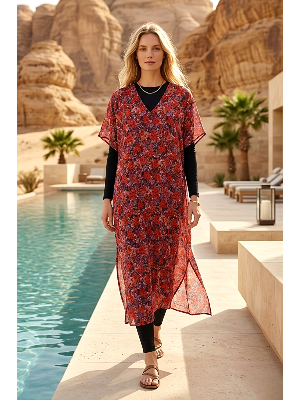 Remsa Tesettür Mayo Üzerine Tasarım Tek Kaftan Pareo RDP26 Kırmızı-2