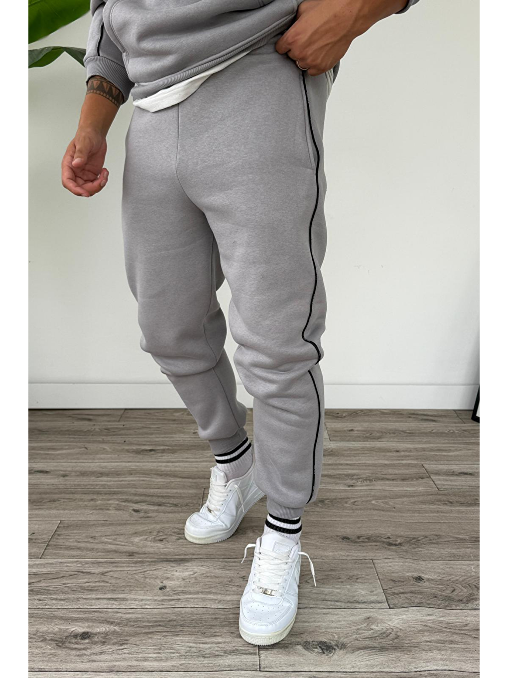 Erkek Kapüşonlu Kanguru Cepli Biyeli %100 Pamuk Alt Üst Takım Gri-5