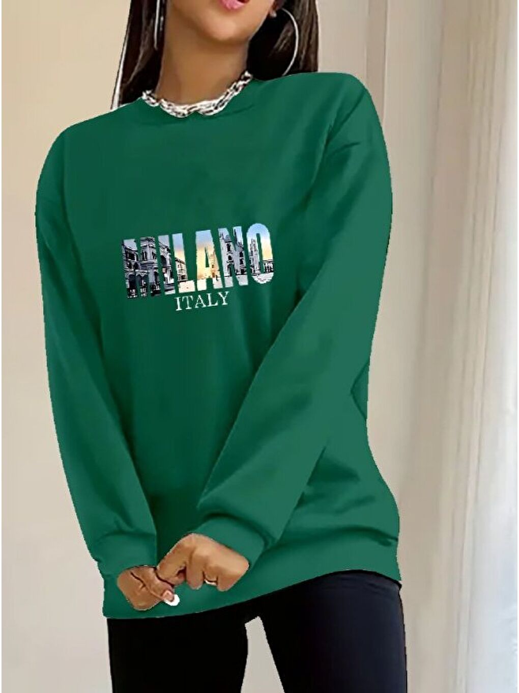 Yeşil Kadın Uzun Kollu Bisiklet Yaka Desenli Viskon Iki Iplik Bluz