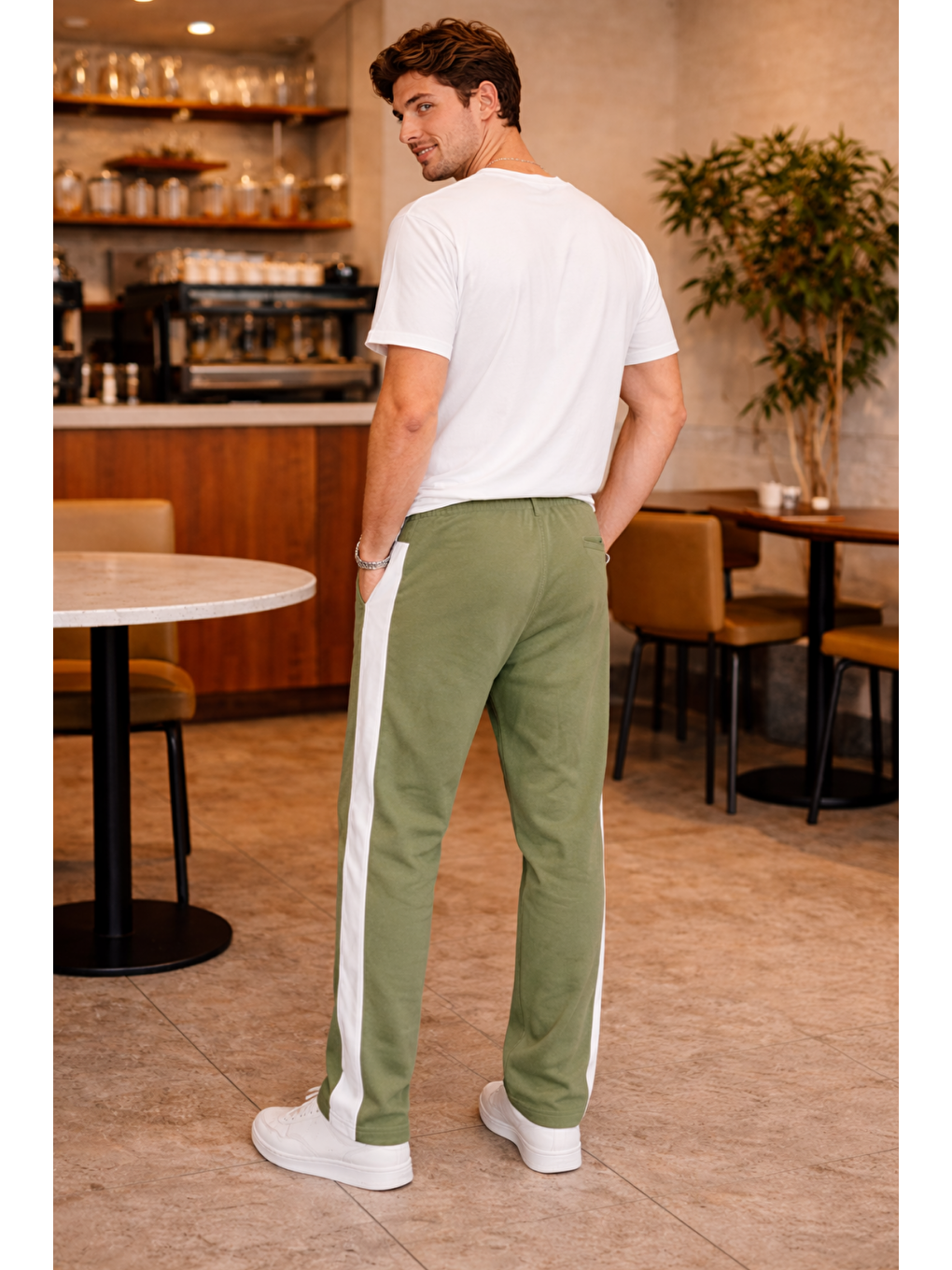 Erkek Haki Şeritli Eşofman Altı Bağcıklı Baggy Rahat Kesim Günlük Spor Pantolon-2