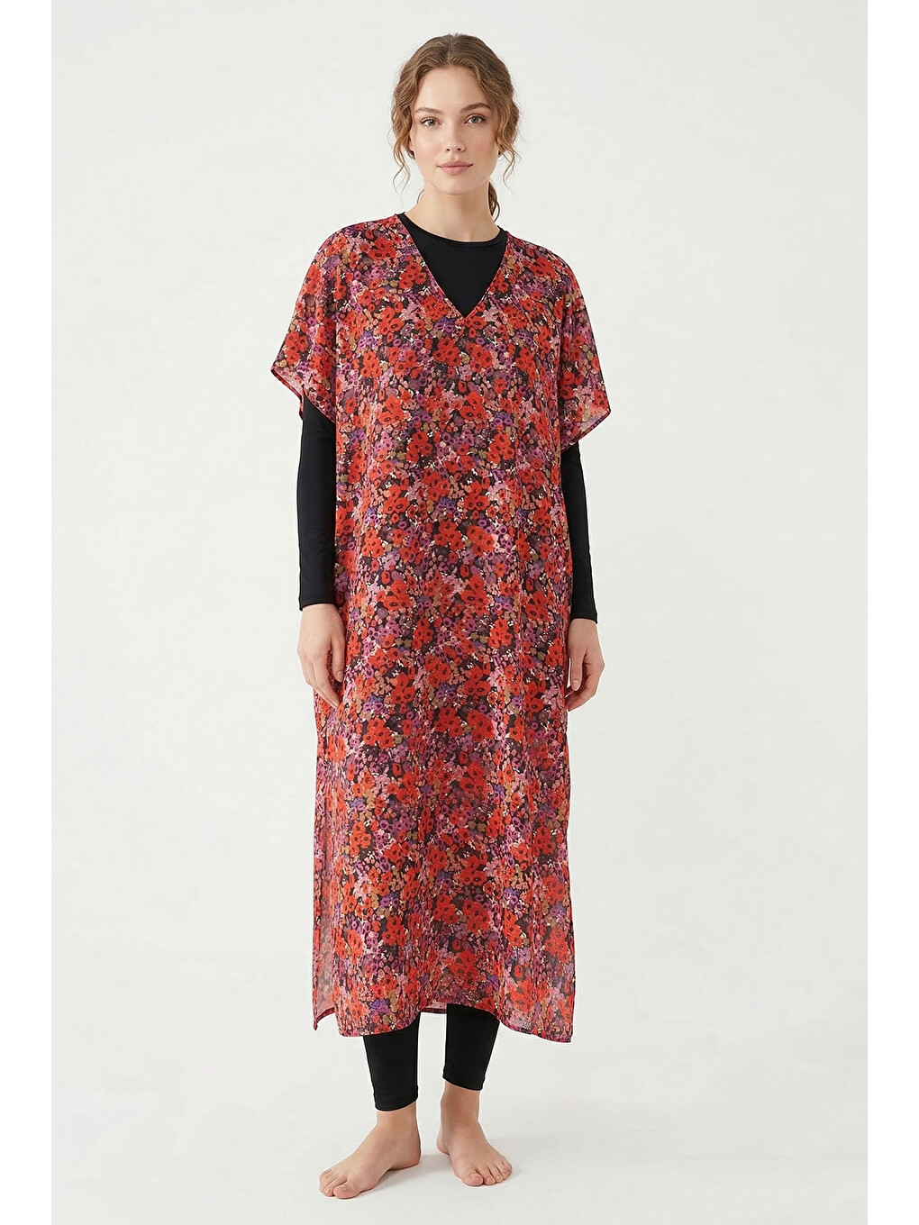 Remsa Tesettür Mayo Üzerine Tasarım Tek Kaftan Pareo RDP26 Kırmızı-3