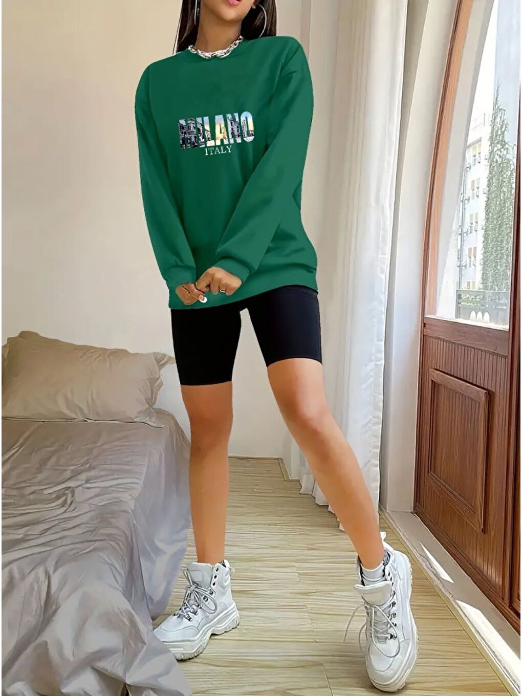 Yeşil Kadın Uzun Kollu Bisiklet Yaka Desenli Viskon Iki Iplik Bluz-1