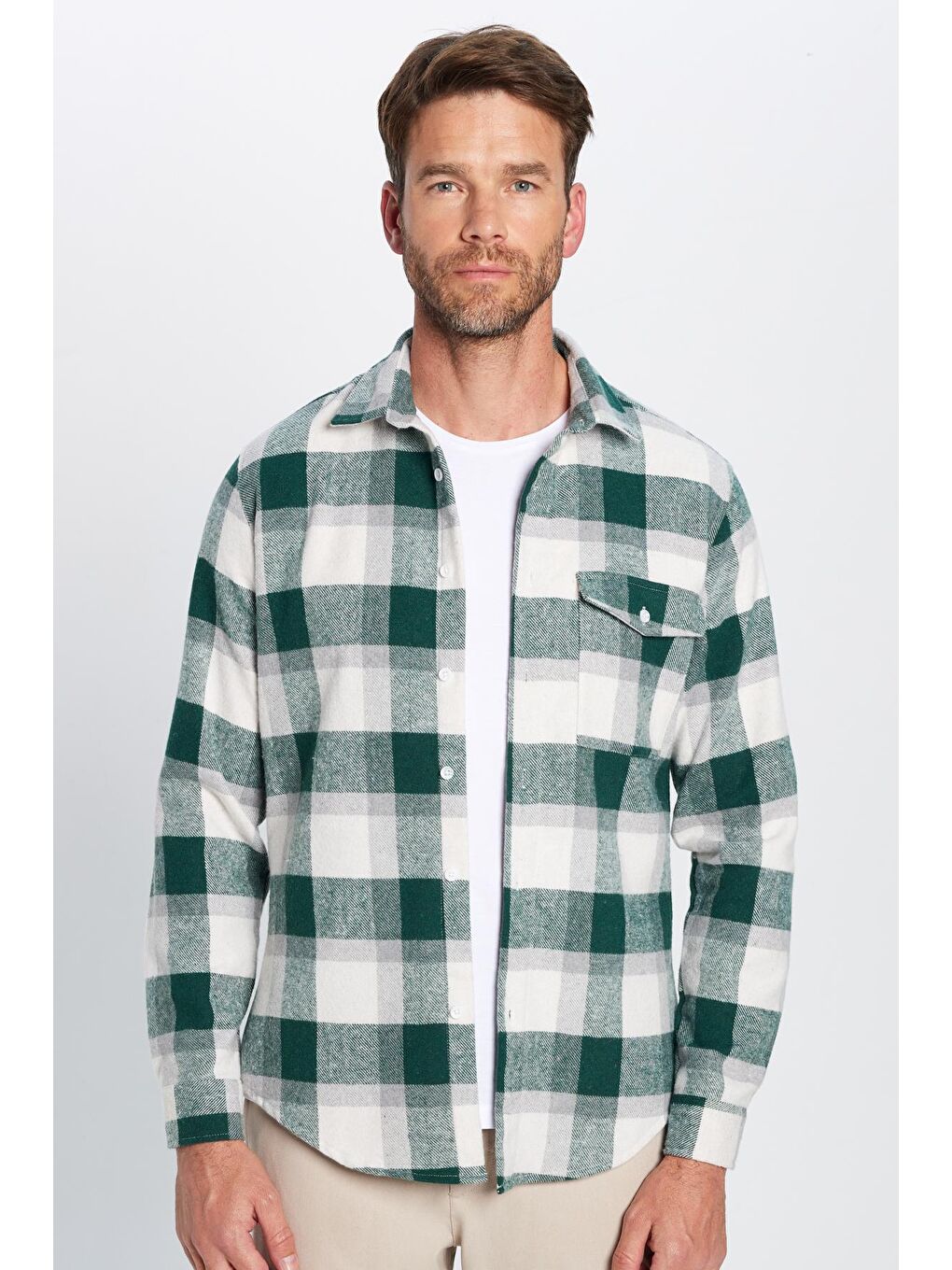 Karışık Erkek Slim Fit Dar Kesim Oduncu Tek Cepli Kareli Kışlık Gömlek-3