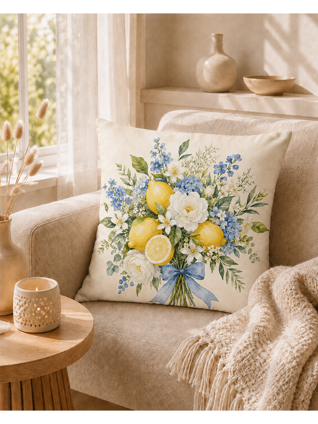 Sarı Limon Buketi Desenli Dekoratif Kırlent Kılıfı 43x43 Cm-6