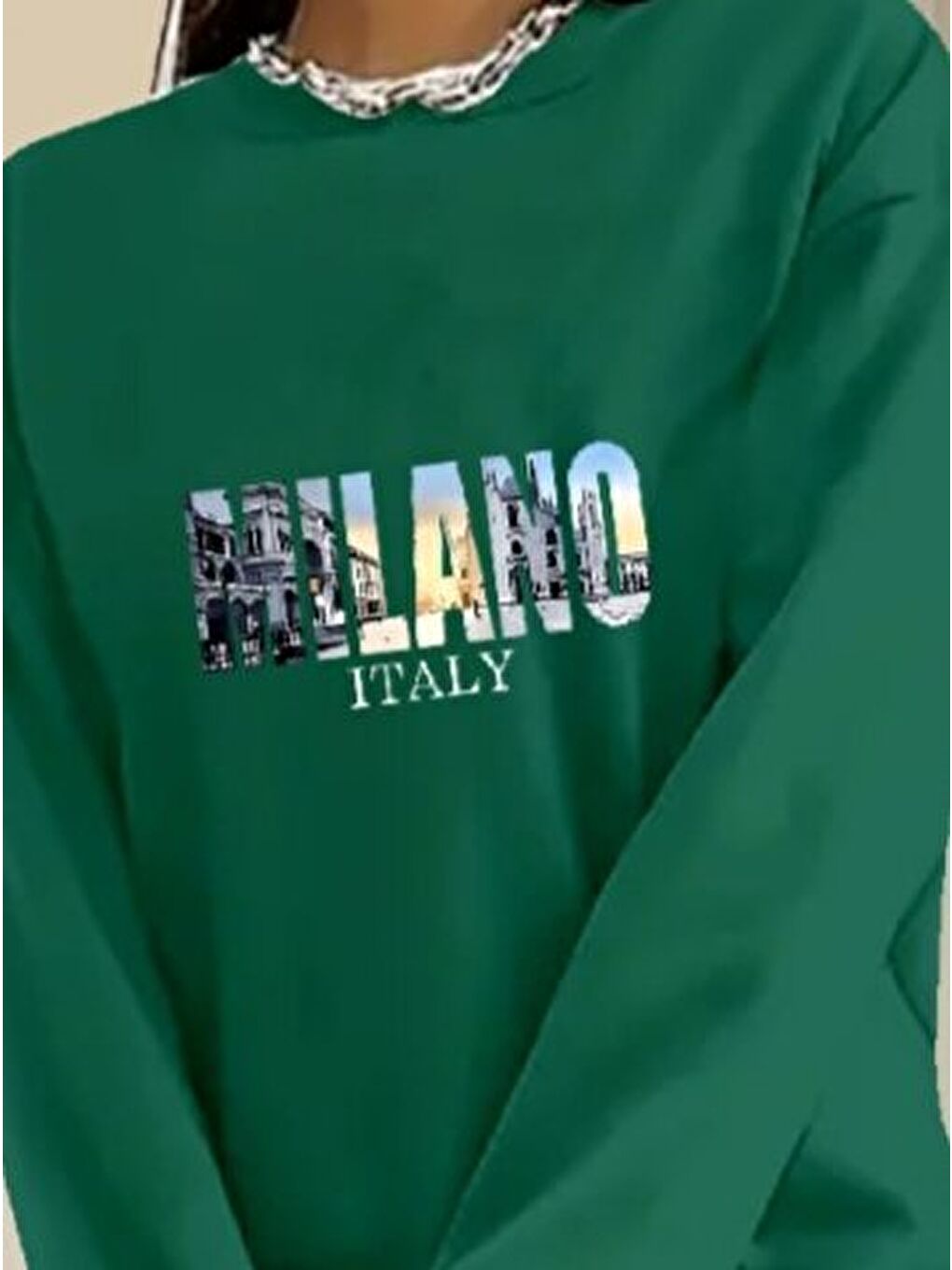 Yeşil Kadın Uzun Kollu Bisiklet Yaka Desenli Viskon Iki Iplik Bluz-2