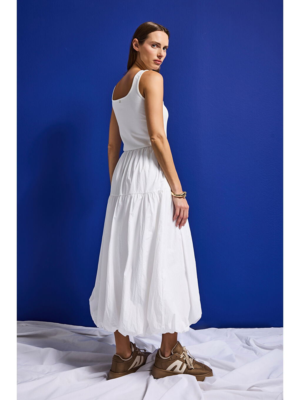 Kadın Beyaz w5 Balon Kesim %100 Organik Pamuk Tasarım Elbise-3