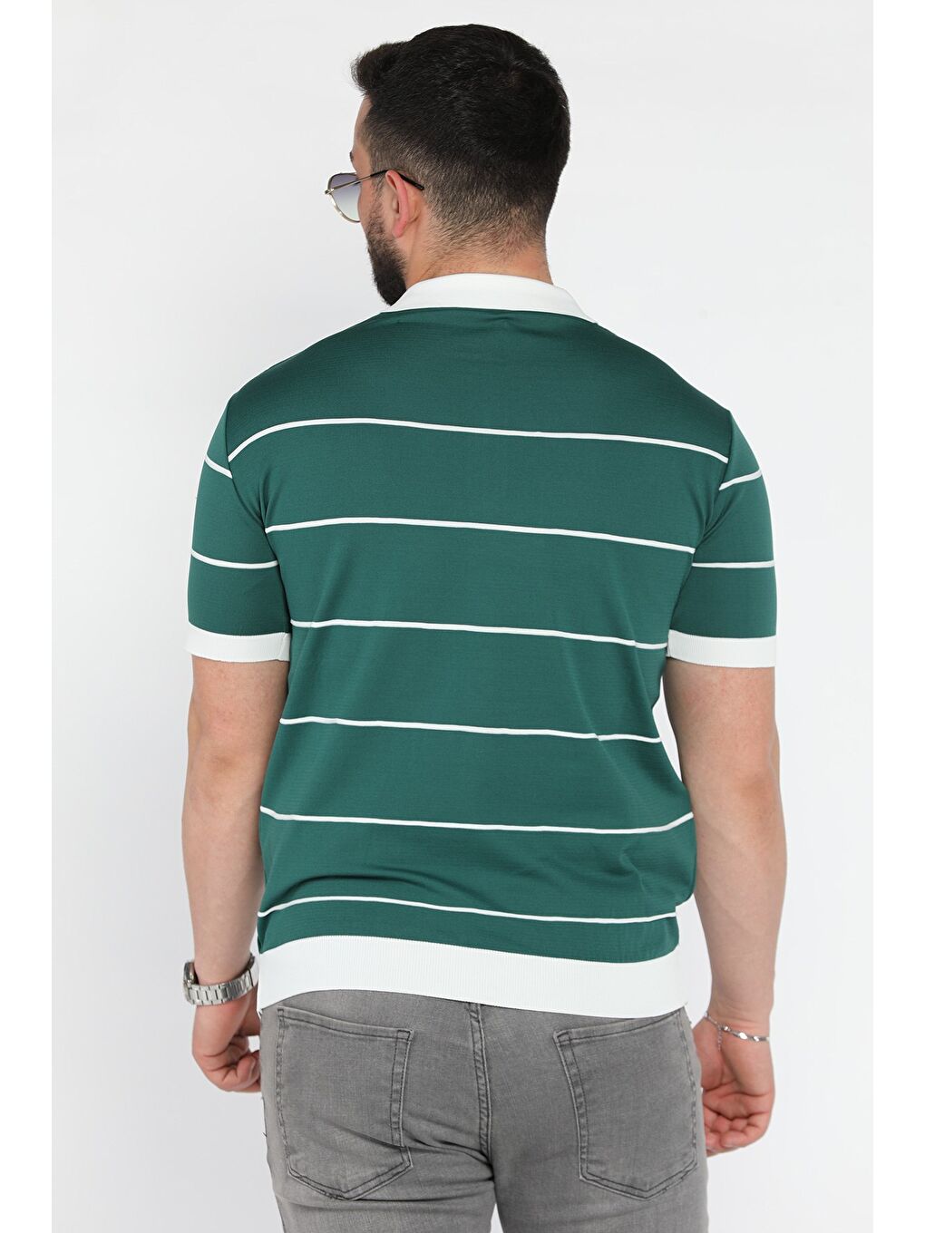 Yeşil Erkek Polo Yaka Yarım Fermuarlı Çizgi Desenli Triko Tişört-2