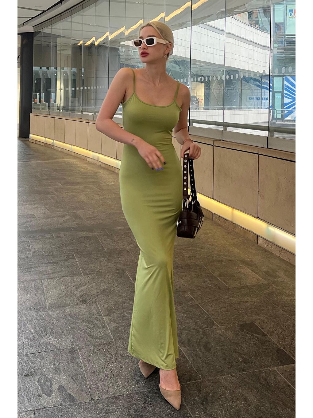 Yeşil Uzun Askılı Basic Elbise Mg1852-2