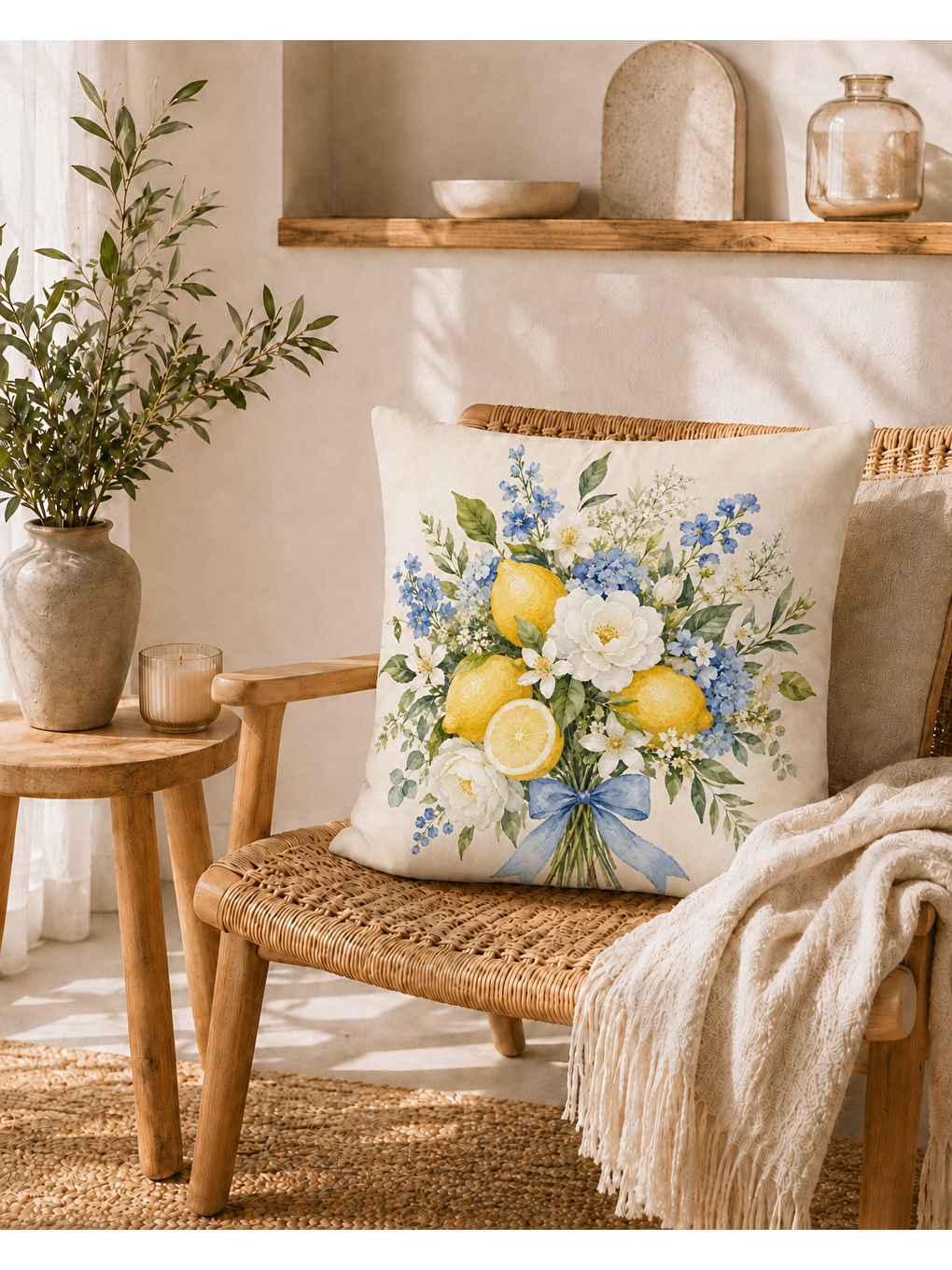 Sarı Limon Buketi Desenli Dekoratif Kırlent Kılıfı 43x43 Cm-7