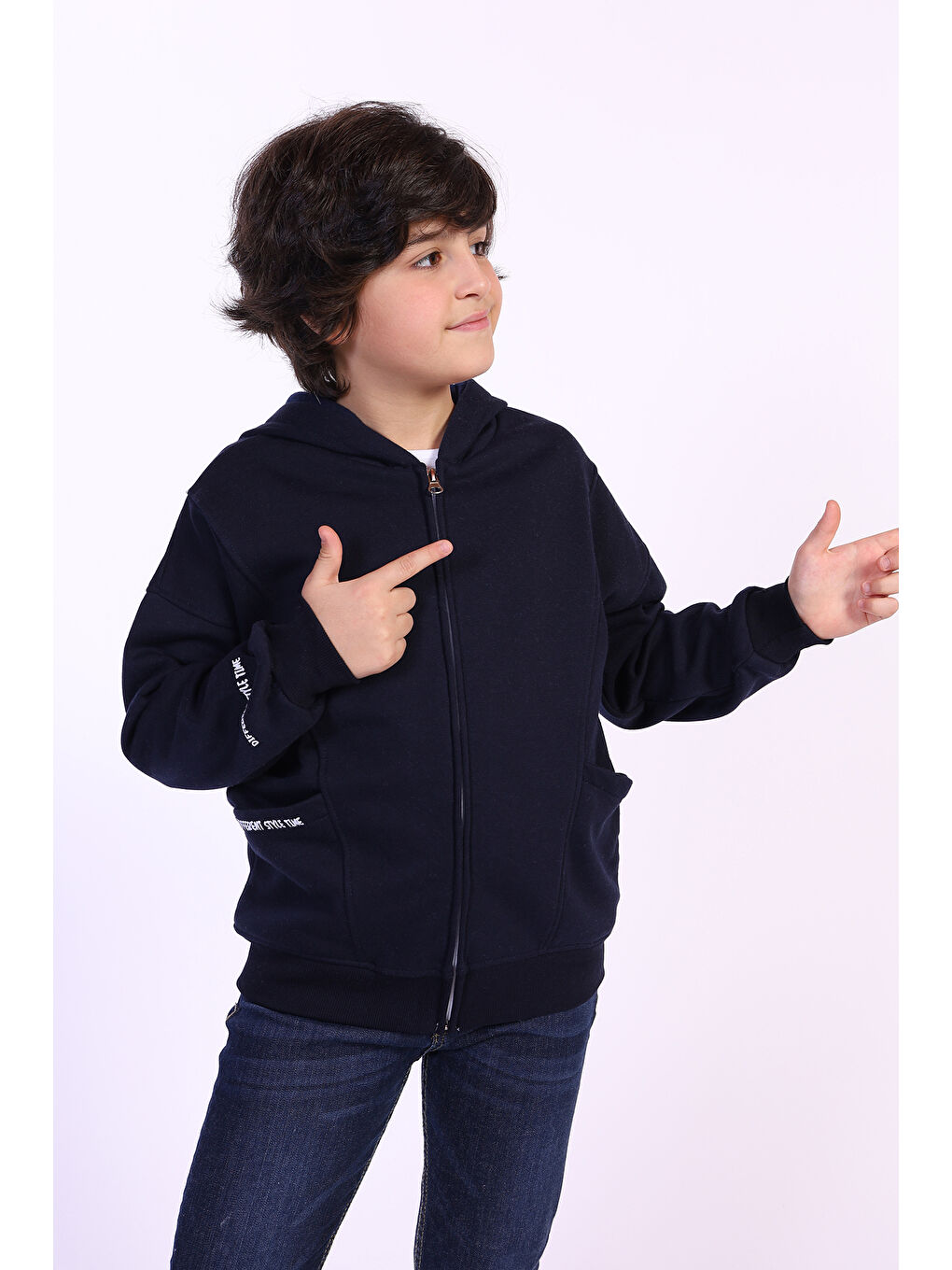 Lacivert Erkek Çocuk Cep Dıfferent Style Tıme Baskılı Hırka