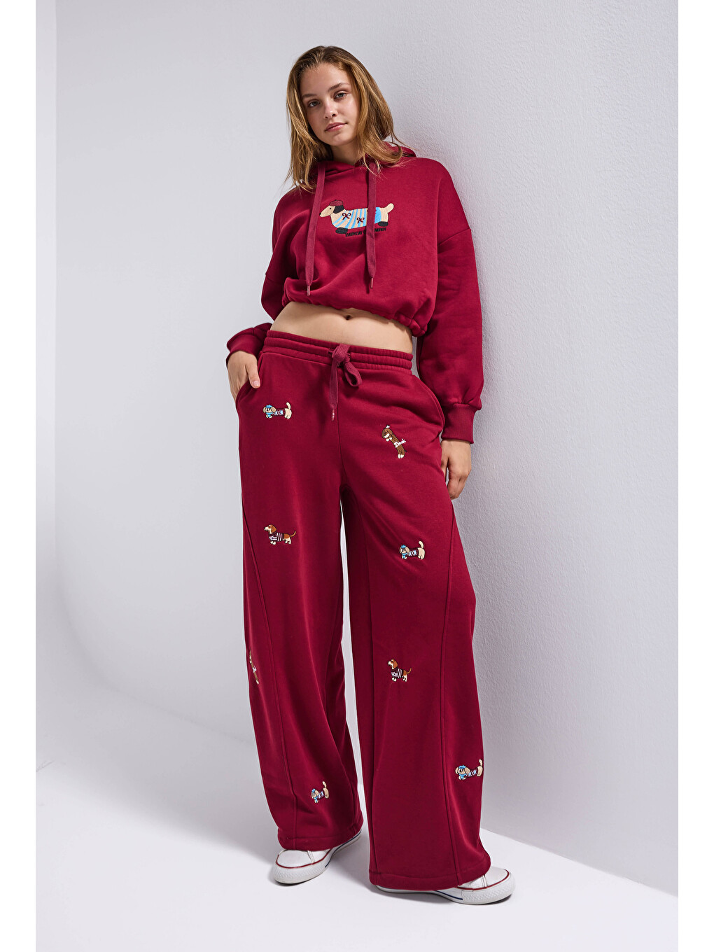 Kadın Bordo W6-35 Sweatshirt Eşofman Pantolon 2'li Nakış Figürlü Tasarım Takım-1