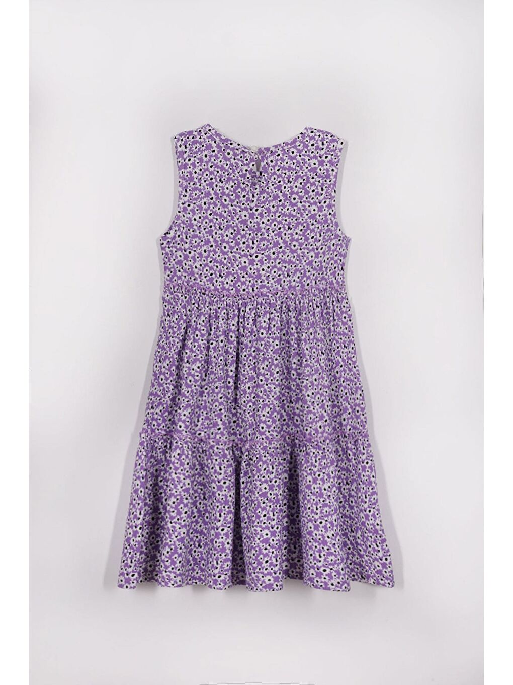 Bisiklet Yaka Sıfır Kol Çiçek Desenli Katlı Şapka Aksesuarlı Siyah Lila Renk Kız Çocuk Elbise-1