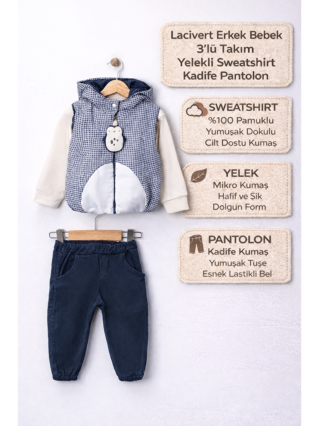 Lacivert Erkek Bebek 3’lü Takım 9-24 Ay Şişme Yelek %100 Pamuk Sweatshirt Kadife Pantolon-1