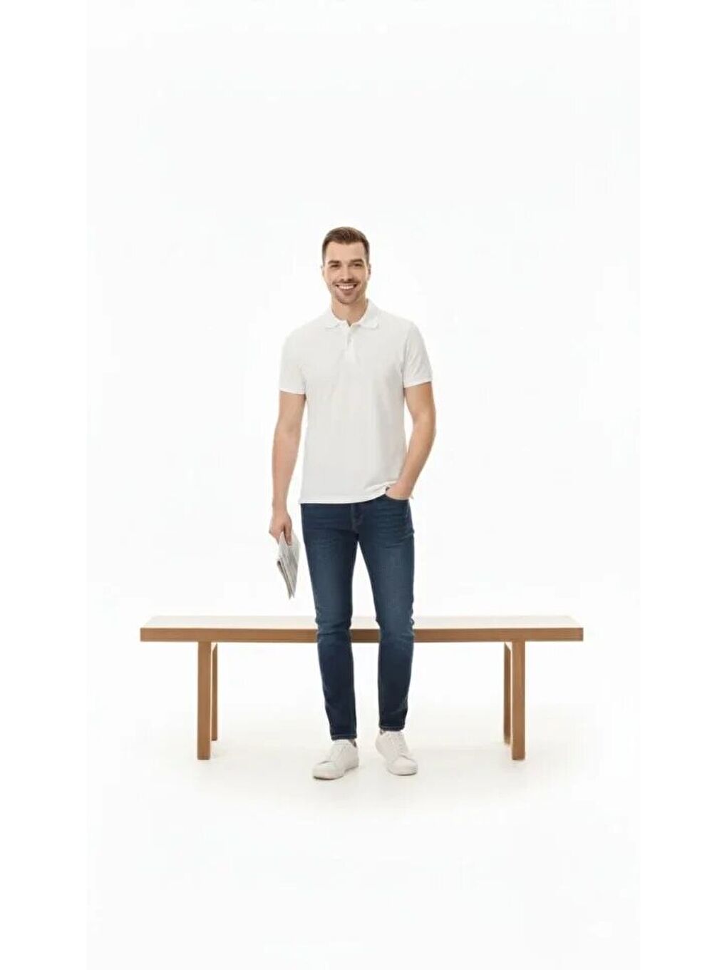 Beyaz Erkek Pike Kumaş Düğmeli Yaka Regular Fit Günlük Kısa Kol Tişört-1